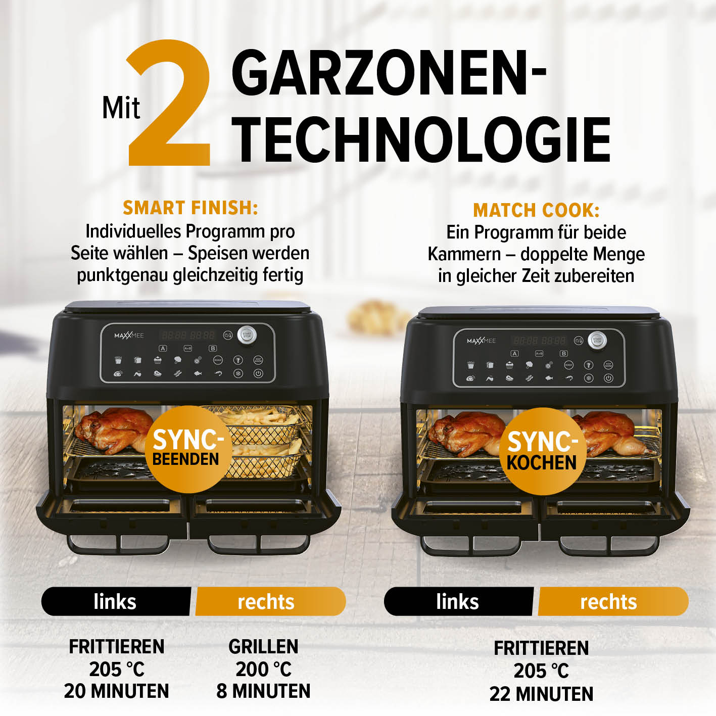 Doppelkammer-Heißluftfritteuse mit 2 Garzonen-Technologie, Touchdisplay, 2400W für fettarmes, schnelles Frittieren und Grillen.