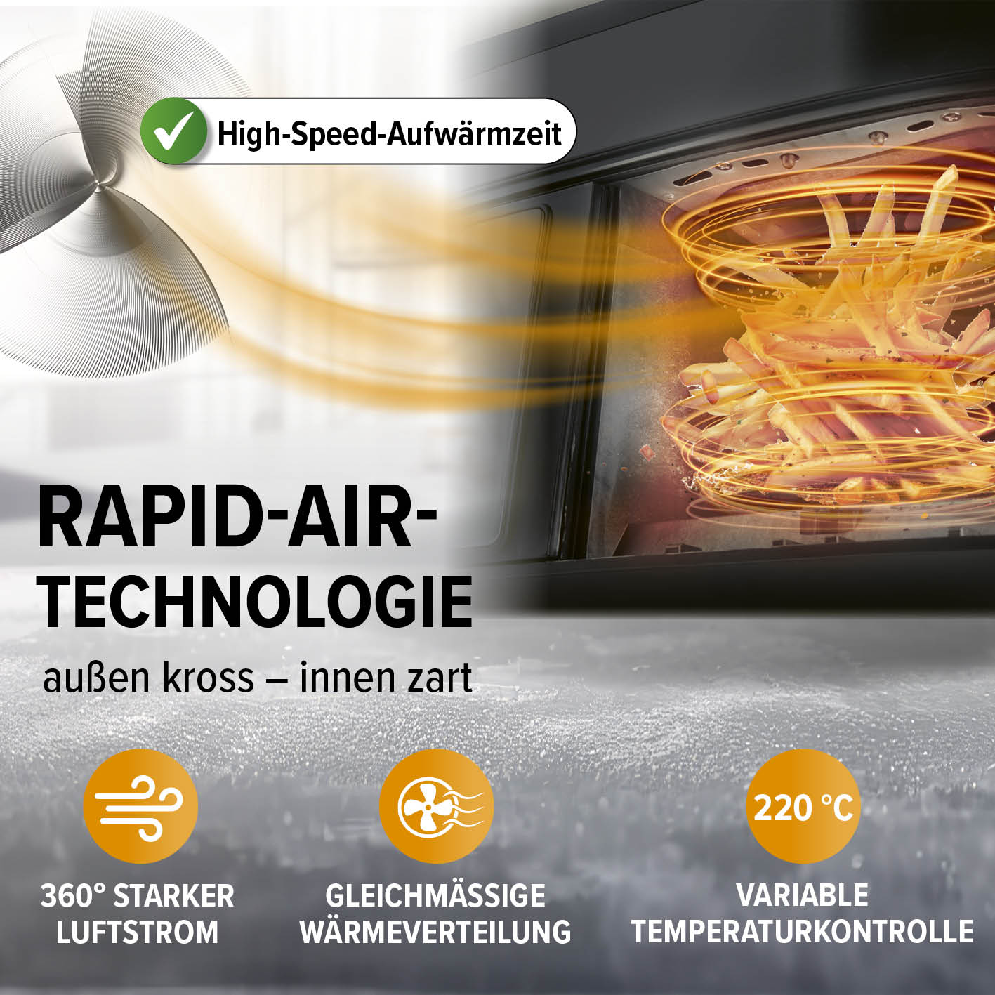 Doppelkammer-Heißluftfritteuse mit Rapid-Air-Technologie, 360° Luftstrom und variabler Temperatur bis 220 °C für fettarmes Frittieren.