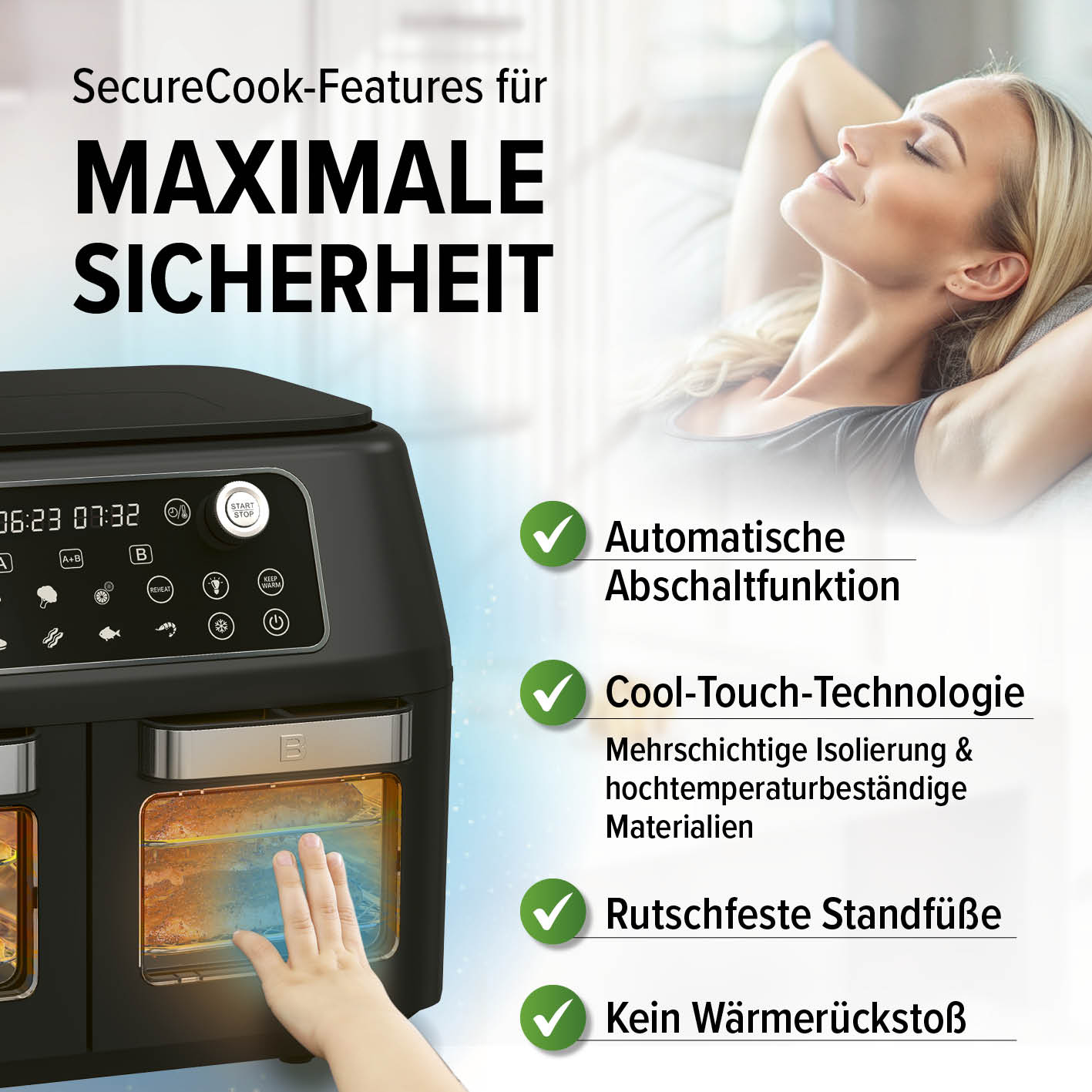 Doppelkammer-Heißluftfritteuse mit SecureCook-Features für maximale Sicherheit, automatischer Abschaltfunktion und Cool-Touch-Technologie.