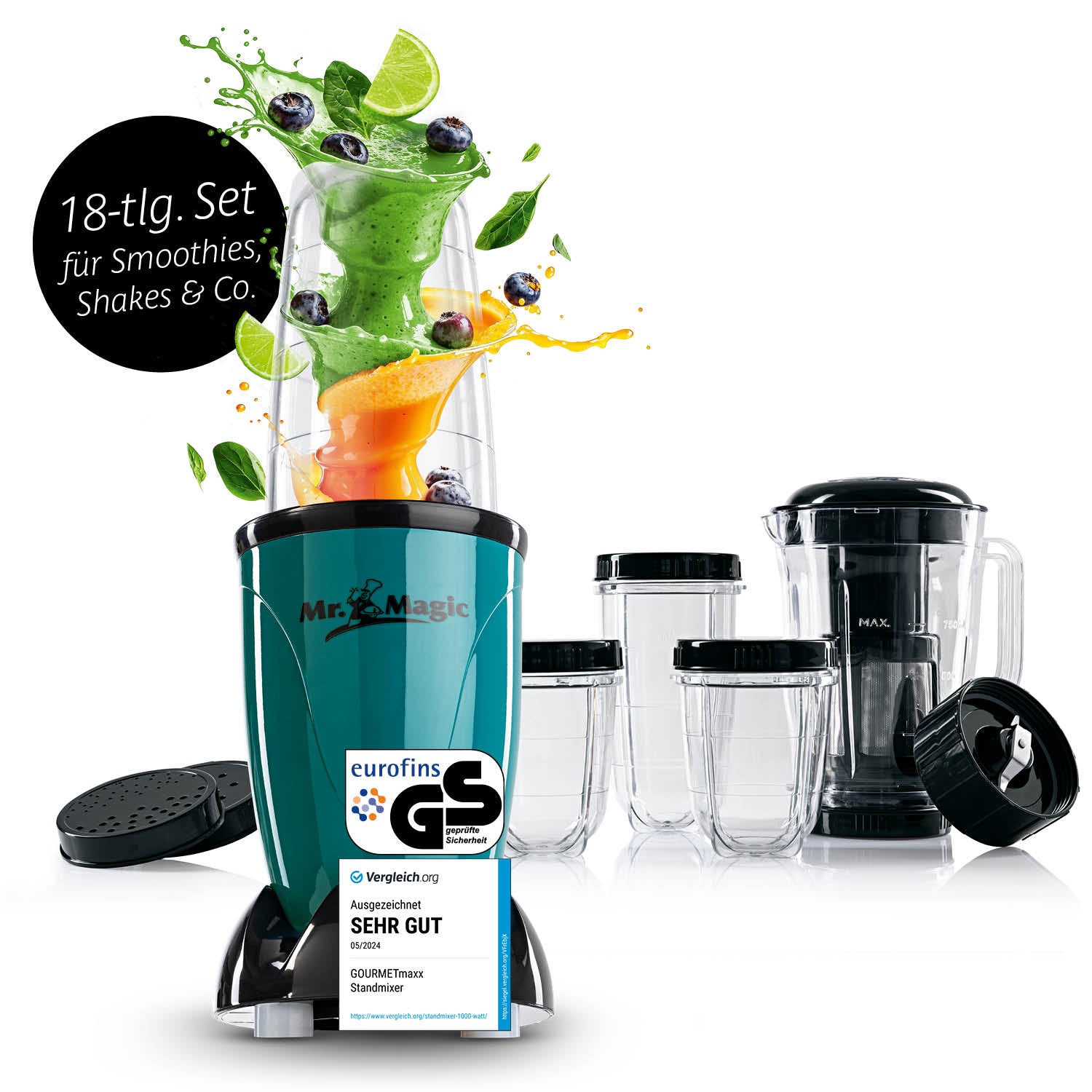 Mr. Magic Smaragdgrün/Schwarz 18-tlg. Standmixer-Set für schnelle Zubereitung von Smoothies, Shakes und mehr.