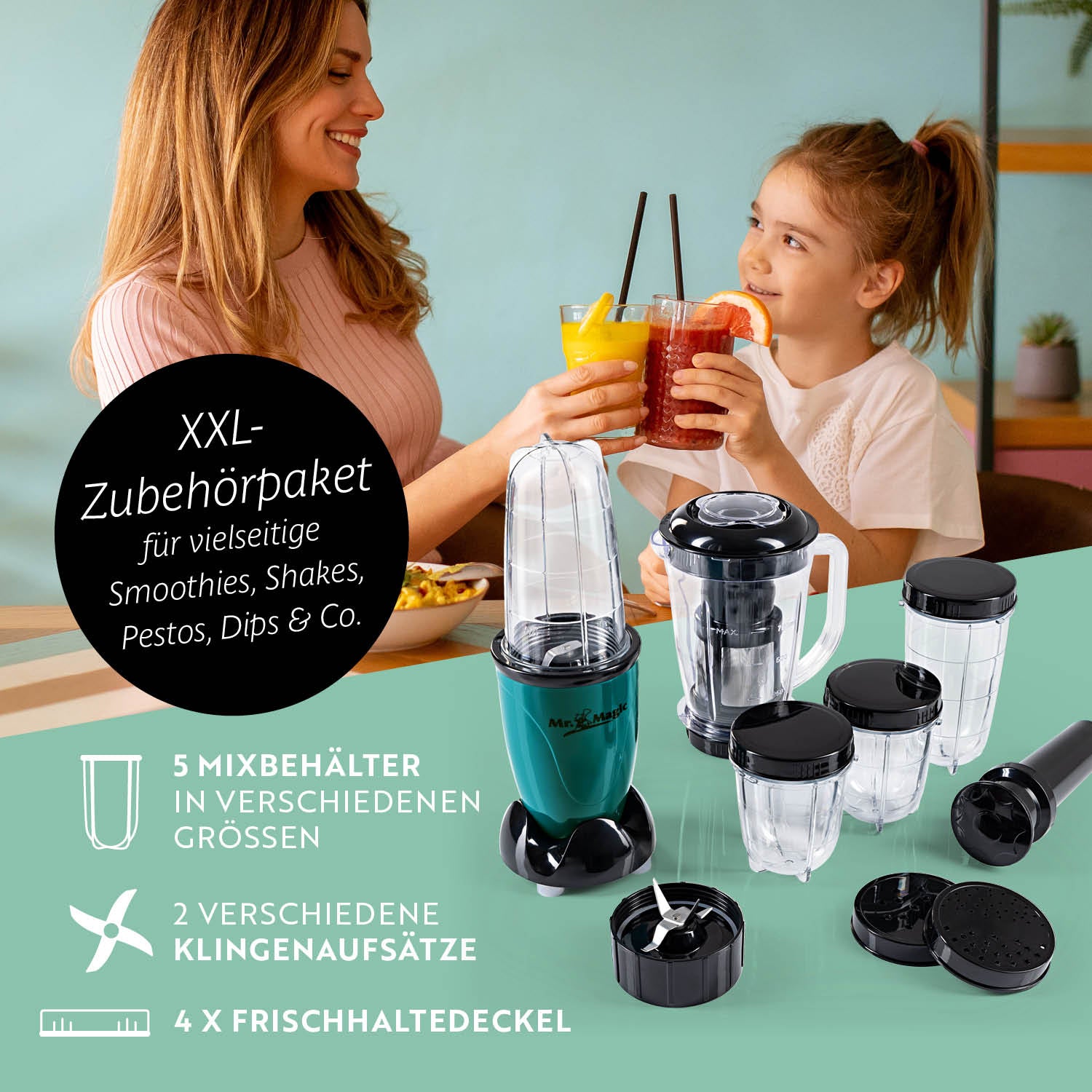 Mr. Magic Smaragdgrün/Schwarz Standmixer mit 18-teiligem Zubehörset für Smoothies, Shakes, Pestos und mehr.