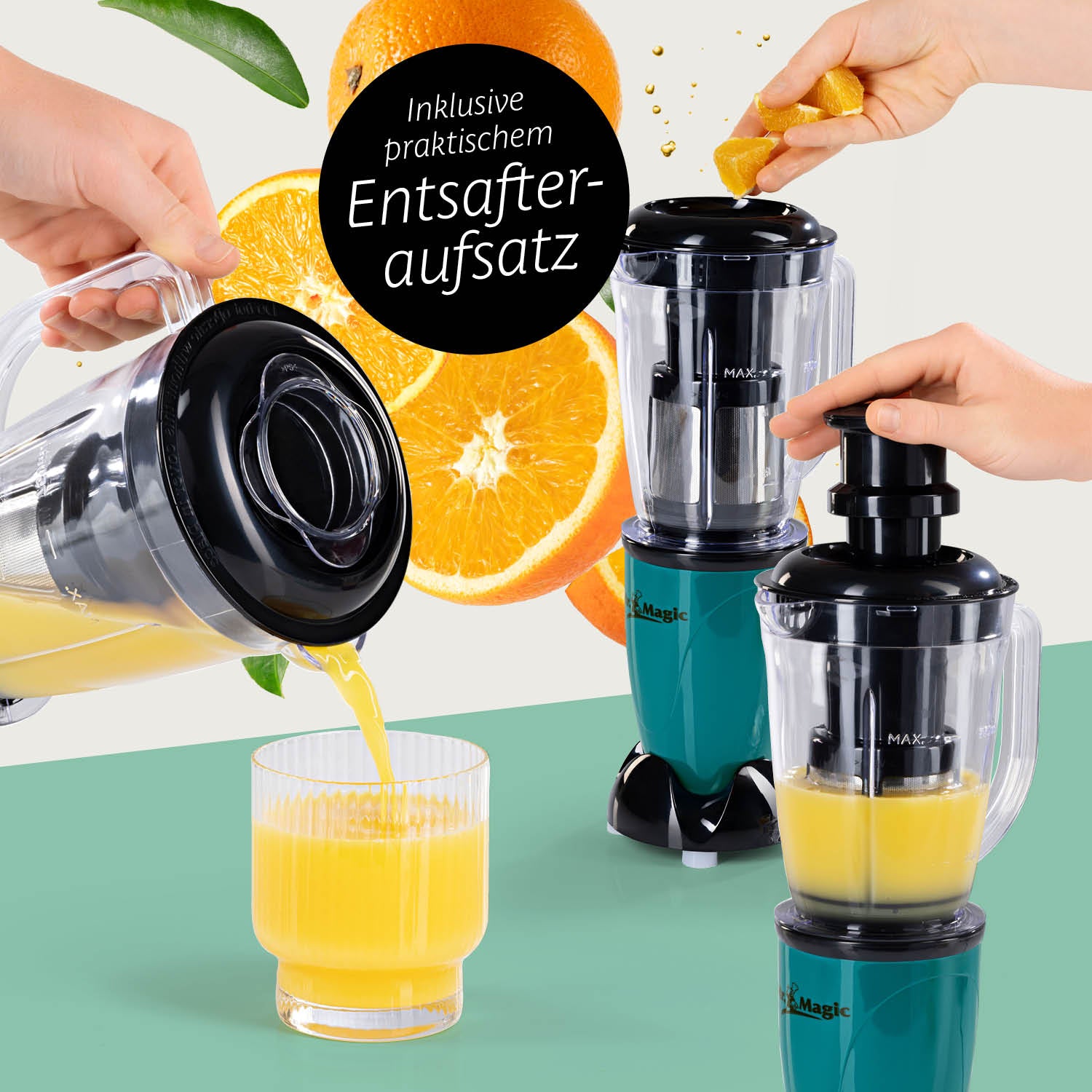 Mr. Magic Smaragdgrün/Schwarz Mixer mit Entsafteraufsatz, 18-teiliges Set für schnelle Zubereitung von Säften und Smoothies.