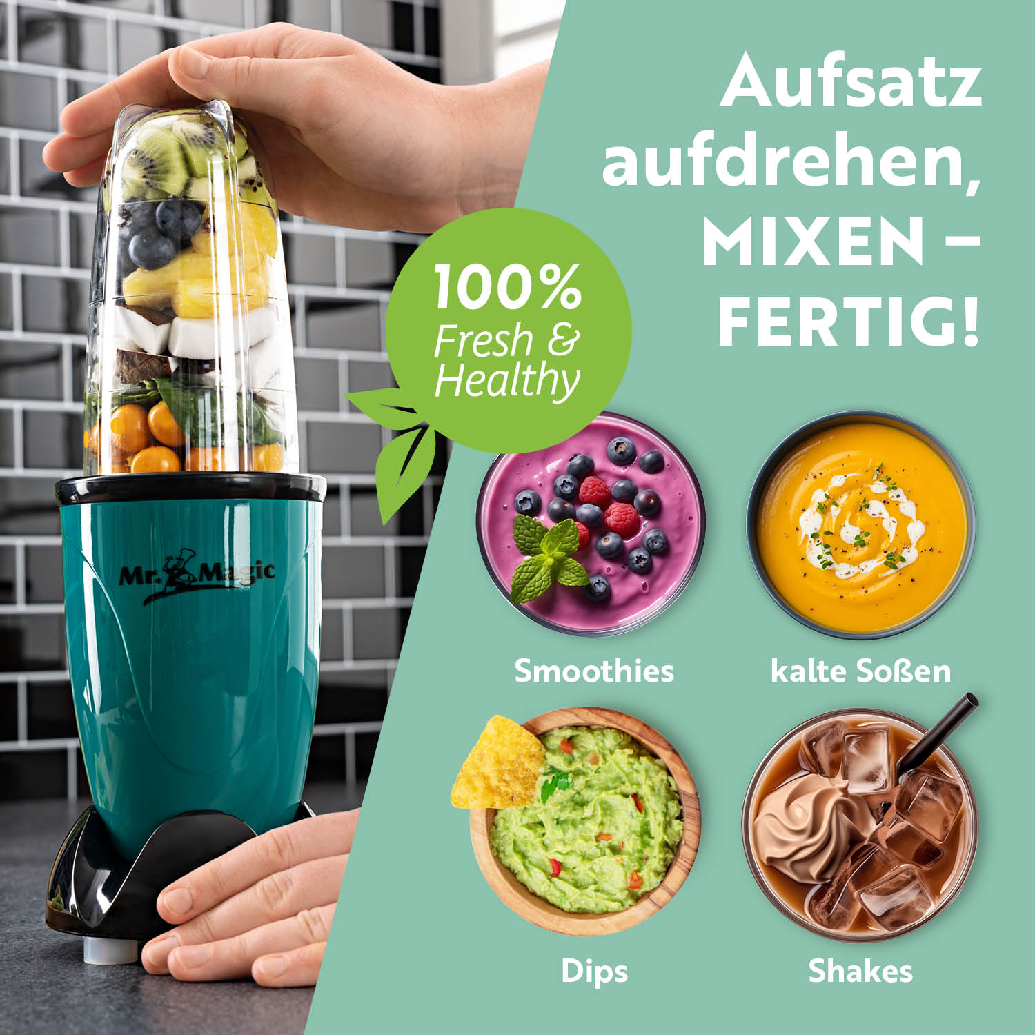 Mr. Magic Smaragdgrün/Schwarz kompakter Mixer für Smoothies, Shakes, Dips und kalte Soßen, schnelle Zubereitung und einfache Bedienung.