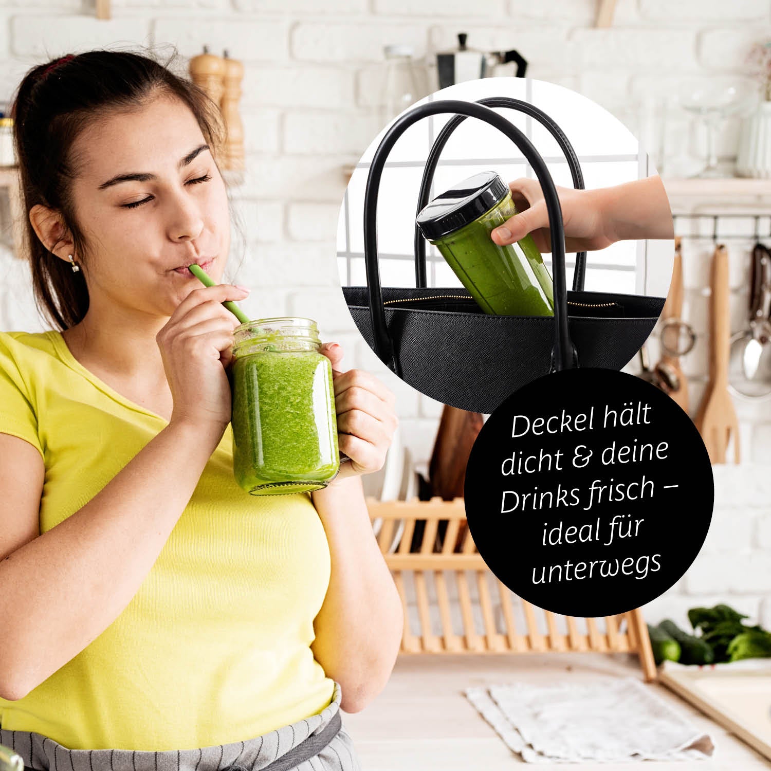 Frau genießt grünen Smoothie aus Mr. Magic Smaragdgrün/Schwarz Mixer mit auslaufsicherem Deckel für unterwegs.