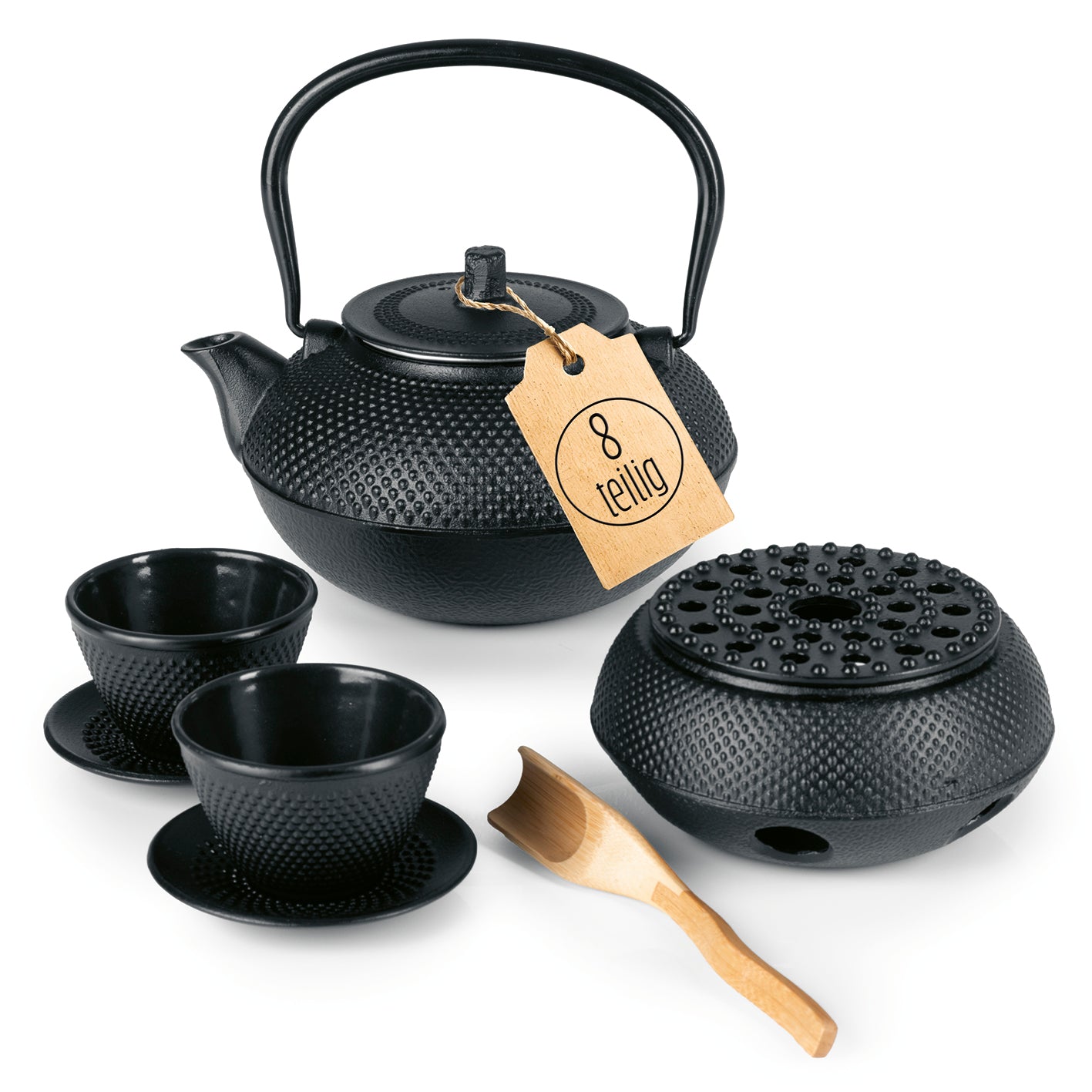 Tee-Set 8-teilig mit 1,4 Liter gusseiserner Teekanne, Stövchen, 2 Bechern, 2 Untersetzern und Bambuslöffel schwarz
