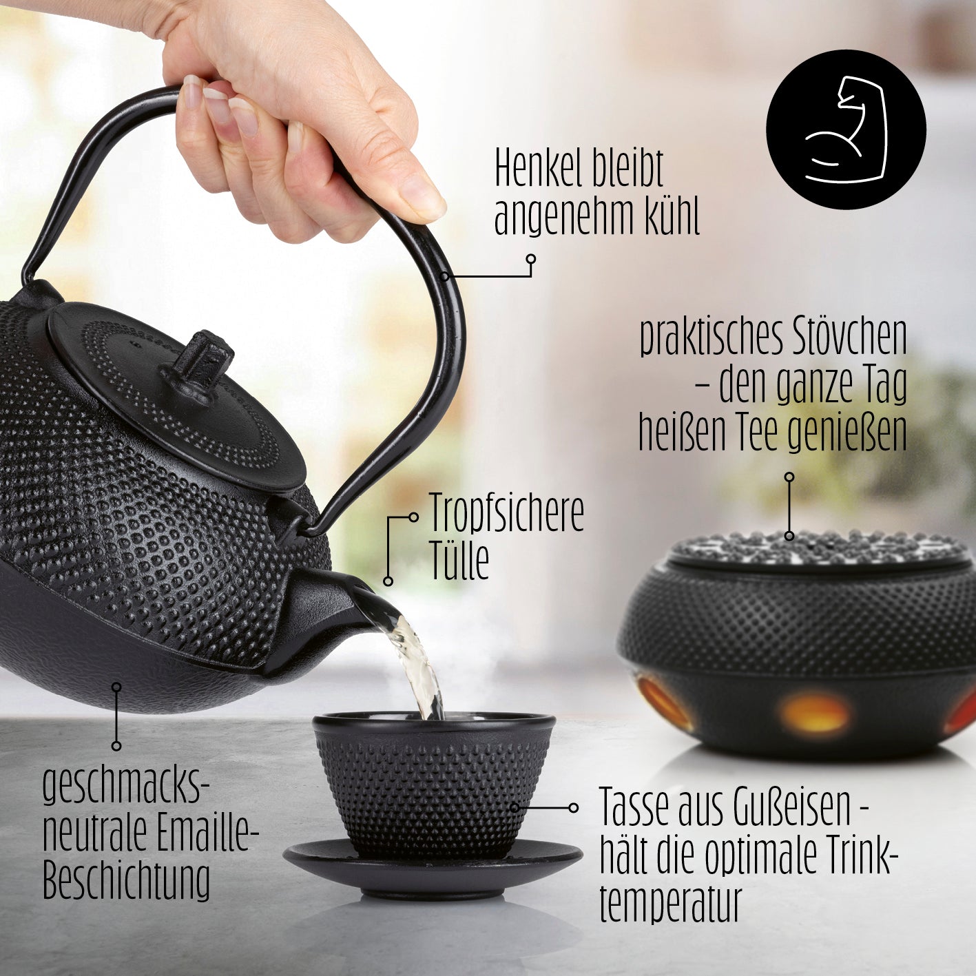 Tee-Set 8-teilig mit gusseiserner Teekanne, Stövchen, 2 Bechern und Untersetzern in Schwarz für langanhaltenden Teegenuss