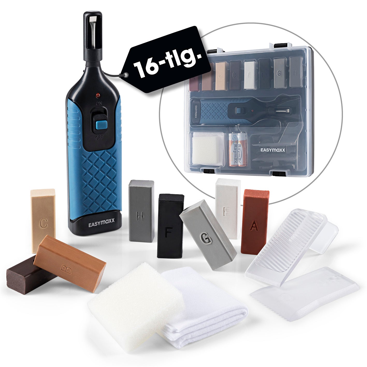 Reparaturset für Fliesen & Steinböden, 16-tlg. XXL-Zubehörpaket mit Wachsschmelzer, 8 Wachsstangen und praktischem Aufbewahrungskoffer.