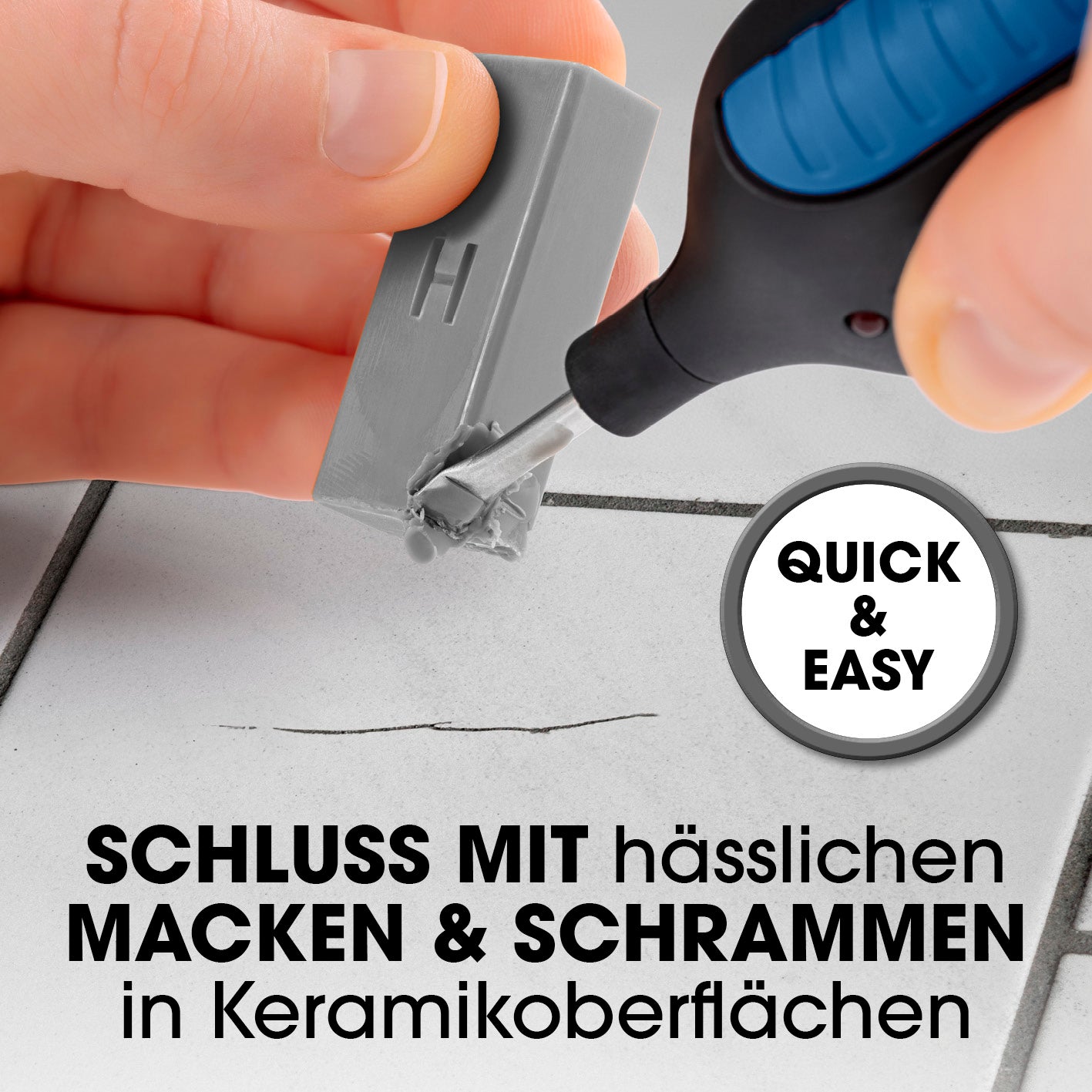 Reparaturset für Fliesen & Steinböden zur einfachen Ausbesserung von Macken und Schrammen auf Keramik- und Steinoberflächen.