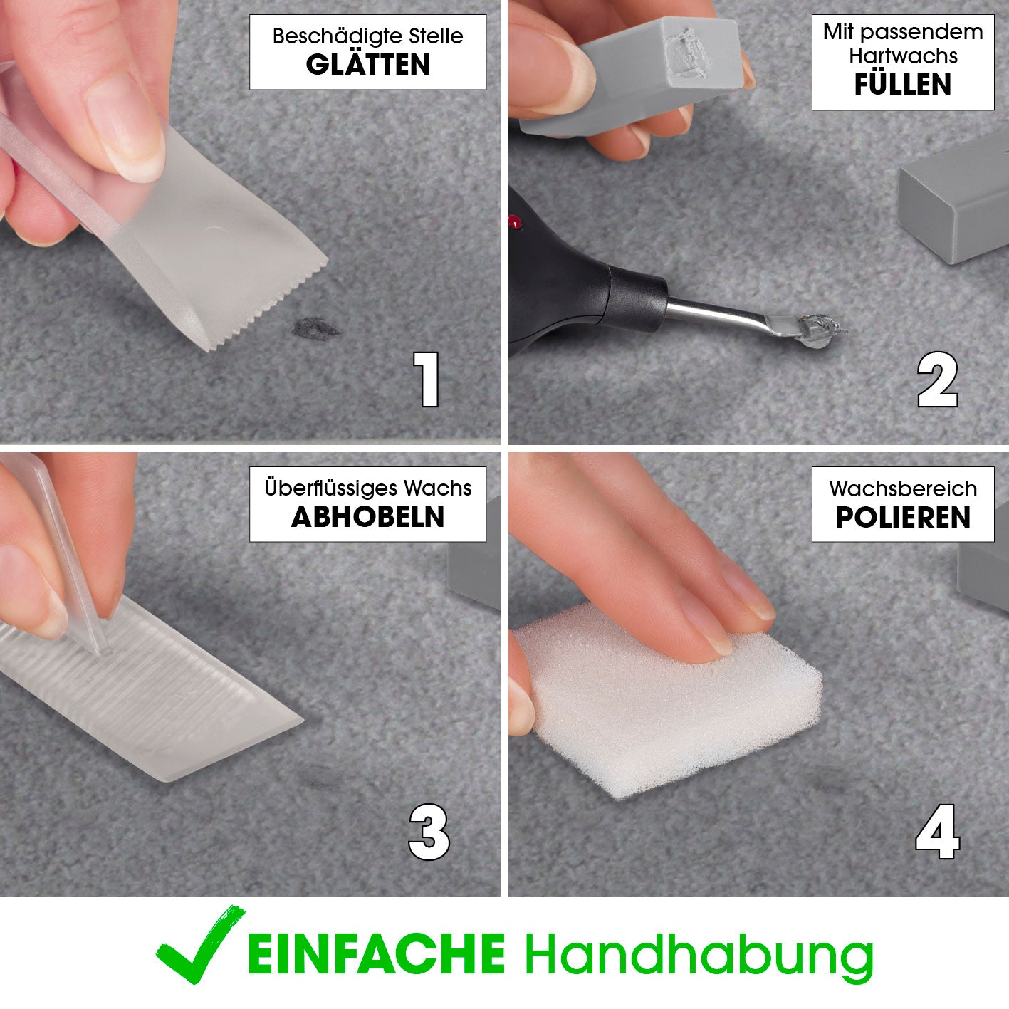 Reparaturset für Fliesen & Steinböden zeigt einfache Anwendung zum Glätten, Füllen, Abhobeln und Polieren von Steinböden.