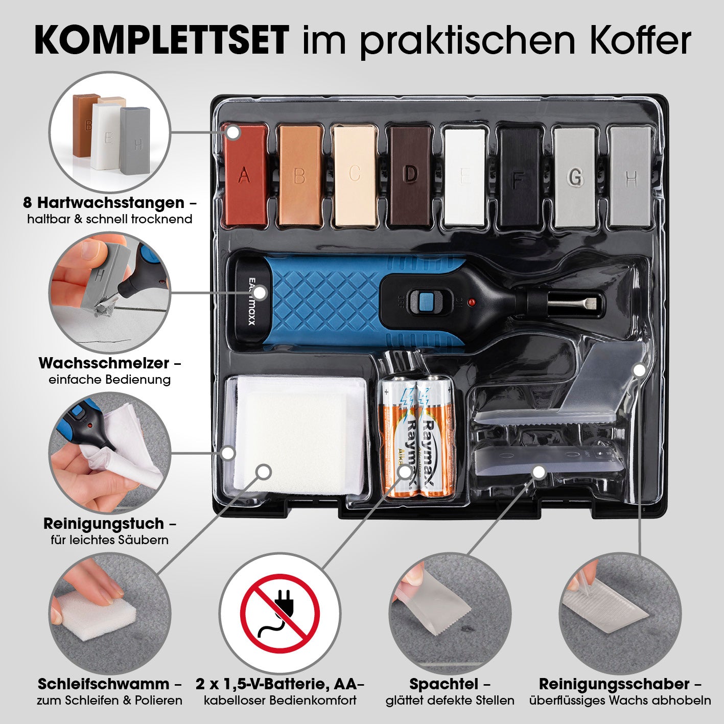 Reparaturset für Fliesen & Steinböden mit 8 Hartwachsstangen, Wachsschmelzer, Spachtel und Zubehör im praktischen Komplettset.