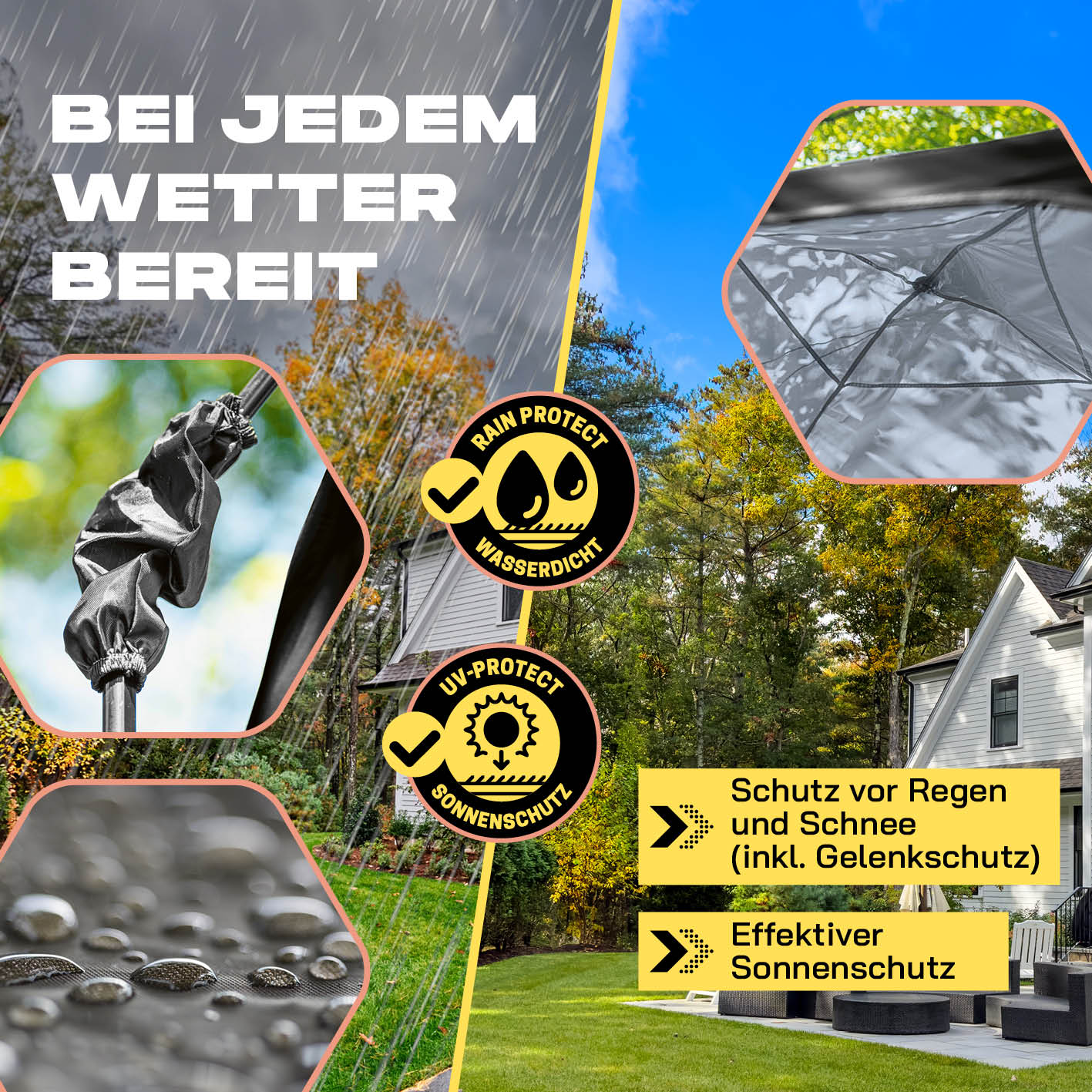 Pop up Pavillon - Schwarz, wetterfest, wasserdicht, mit UV-Schutz, ideal für Regen, Schnee und Sonnenschutz bei jedem Wetter.