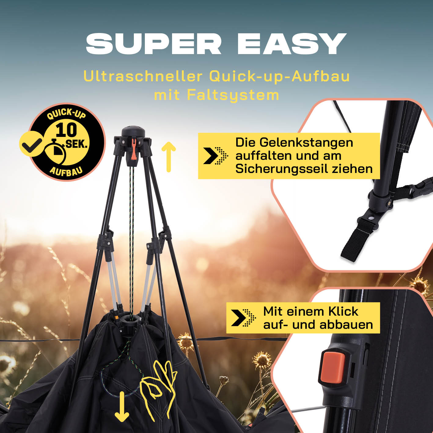 Pop up Pavillon - Schwarz mit ultraschnellem Quick-up-Faltsystem, in 10 Sekunden auf- und abbaubar, ideal für Outdoor-Einsätze.