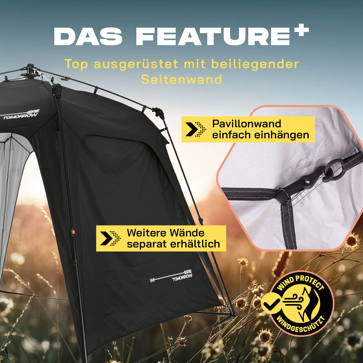 Pop up Pavillon - Schwarz mit beiliegender Seitenwand, schnellem Aufbau und windgeschützt für Outdoor-Events und Camping.