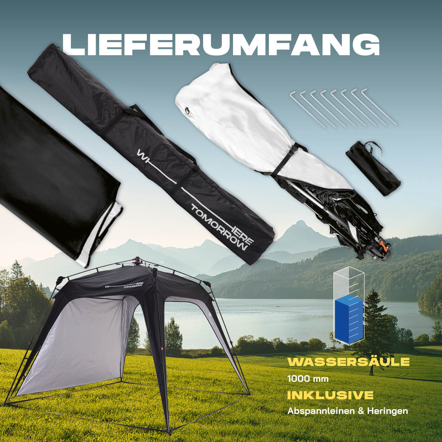Pop up Pavillon - Schwarz mit schneller Aufbau, wetterfest, inklusive Seitenwand, Abspannleinen und Heringen für vielseitige Outdoor-Nutzung.
