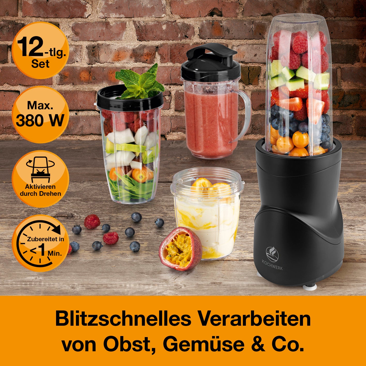 Multifunktions-Mixer - Schwarz mit 8 Funktionen, To-go-Deckel, ideal für Smoothies, Saucen, Kaffee mahlen und Eiscrushen.
