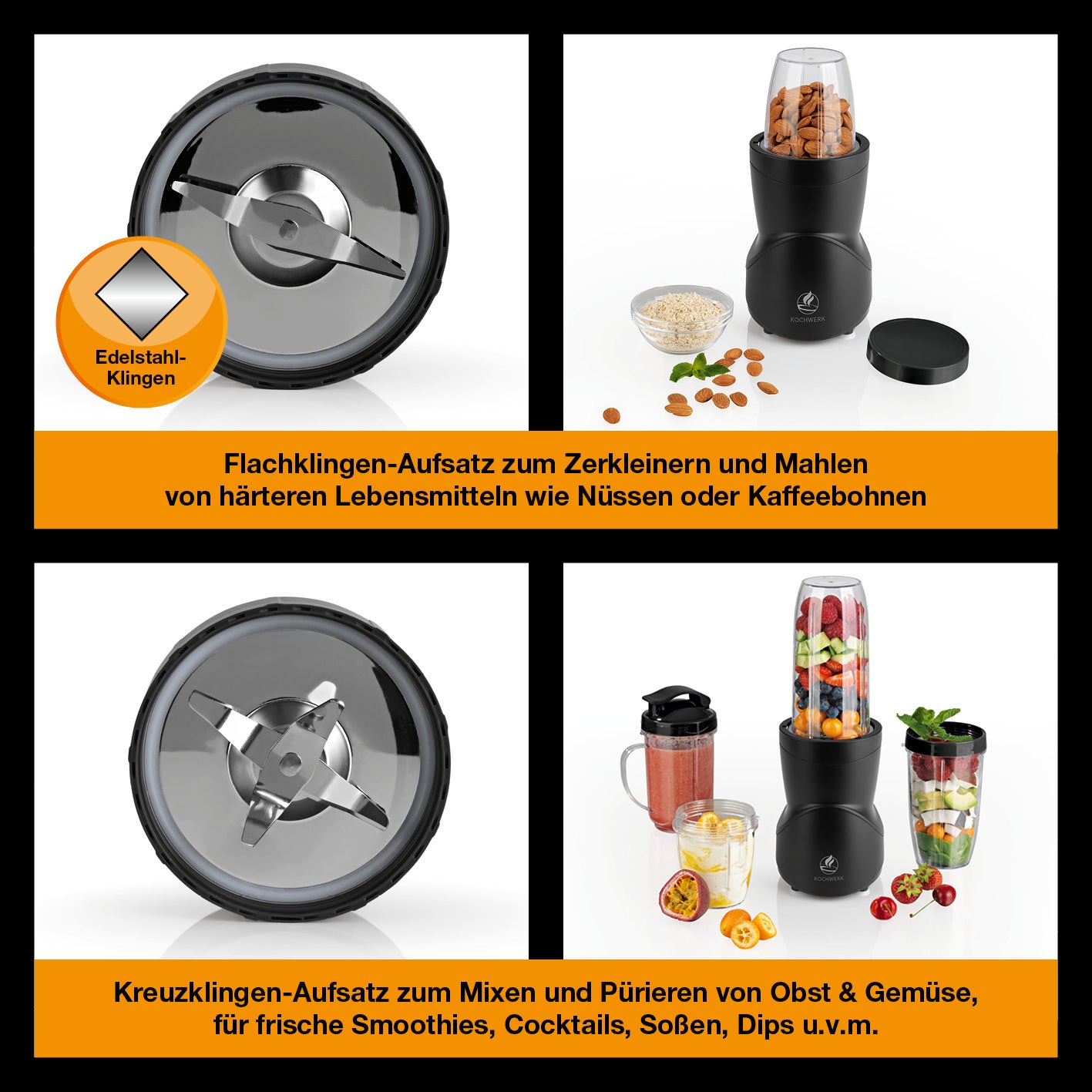 Multifunktions-Mixer - Schwarz mit Edelstahlklingen, ideal zum Zerkleinern, Mahlen, Mixen und Pürieren von Obst, Gemüse und Nüssen.