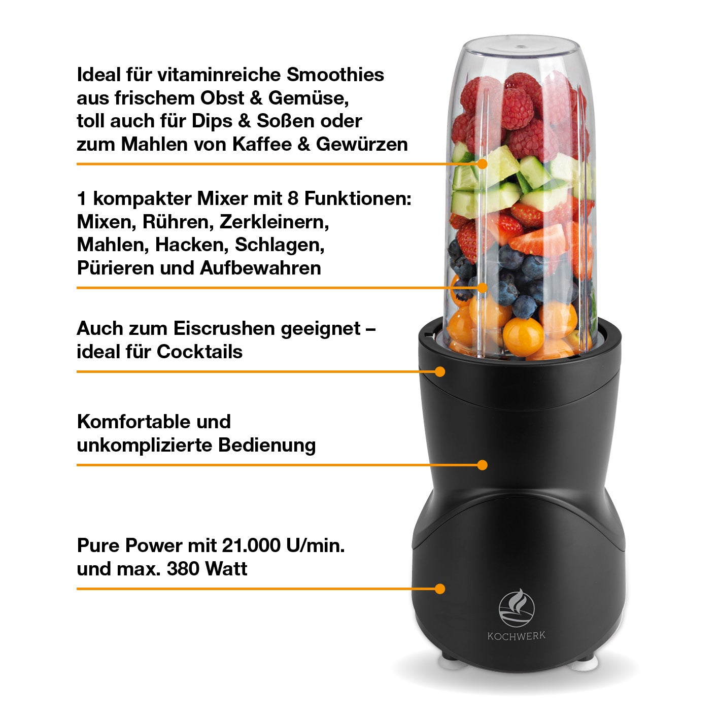 Multifunktions-Mixer - Schwarz mit 8 Funktionen, kompakt, ideal für Smoothies, Kaffee mahlen, Eis crushen und einfache Bedienung.
