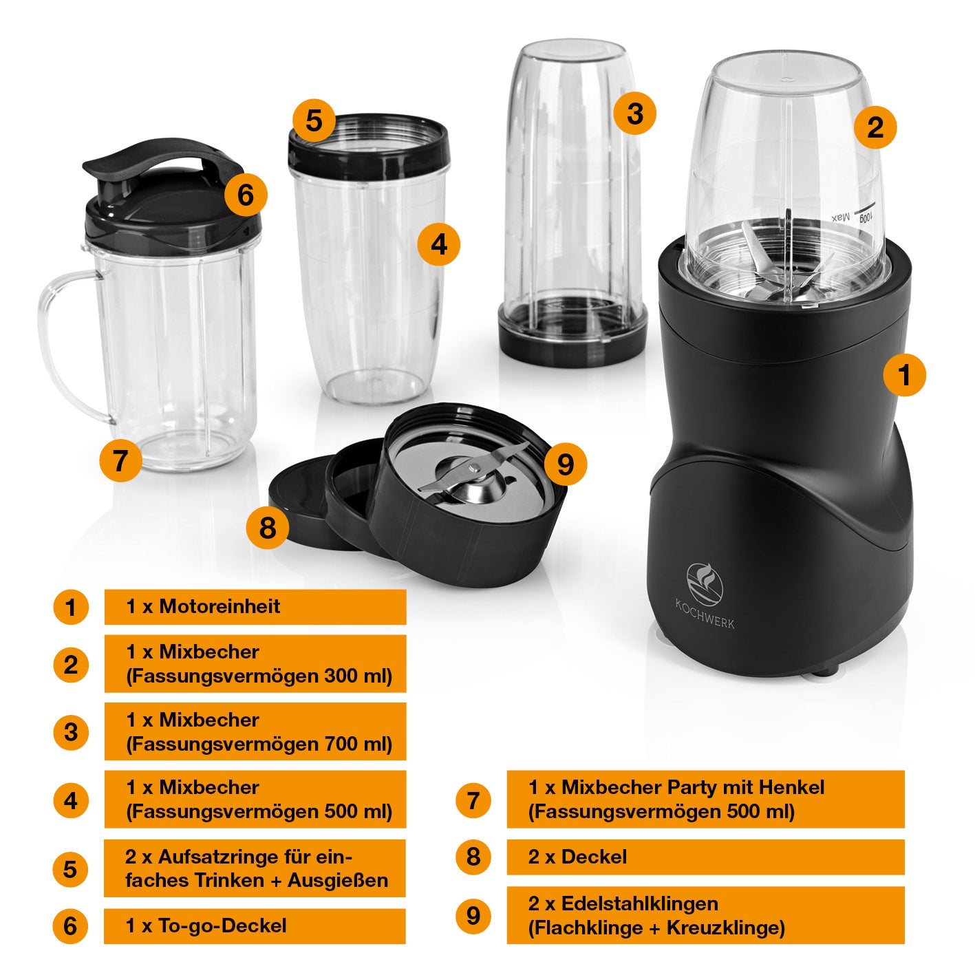 Multifunktions-Mixer - Schwarz mit 8 Funktionen, drei Mixbechern und To-go-Deckel für vielseitiges Mixen und Zerkleinern.