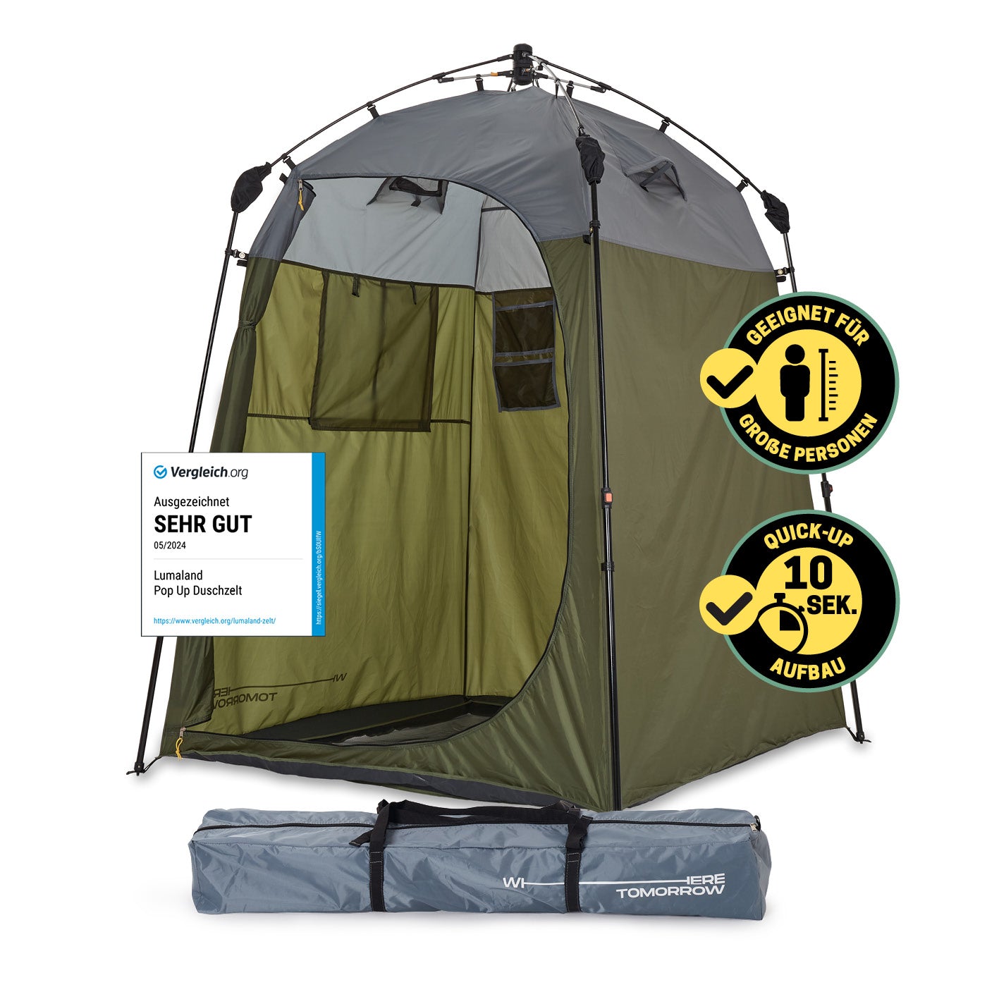 Pop up Duschzelt - 220 cm hoch - Grün, leichtes, wasserdichtes Outdoor-Zelt mit schnellem 10-Sekunden-Aufbau von WHERE TOMORROW.