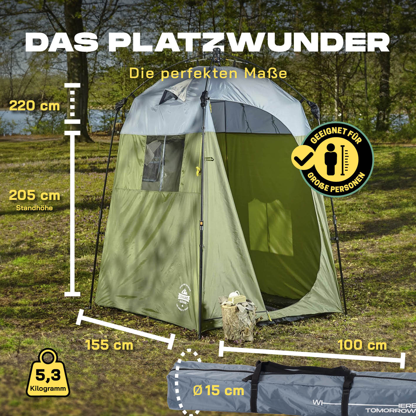 Pop up Duschzelt - 220 cm hoch - Grün, leicht, wasserfest, 1 Person, schnell aufbaubar, ideal für Outdoor, Camping, Festival und Strand.