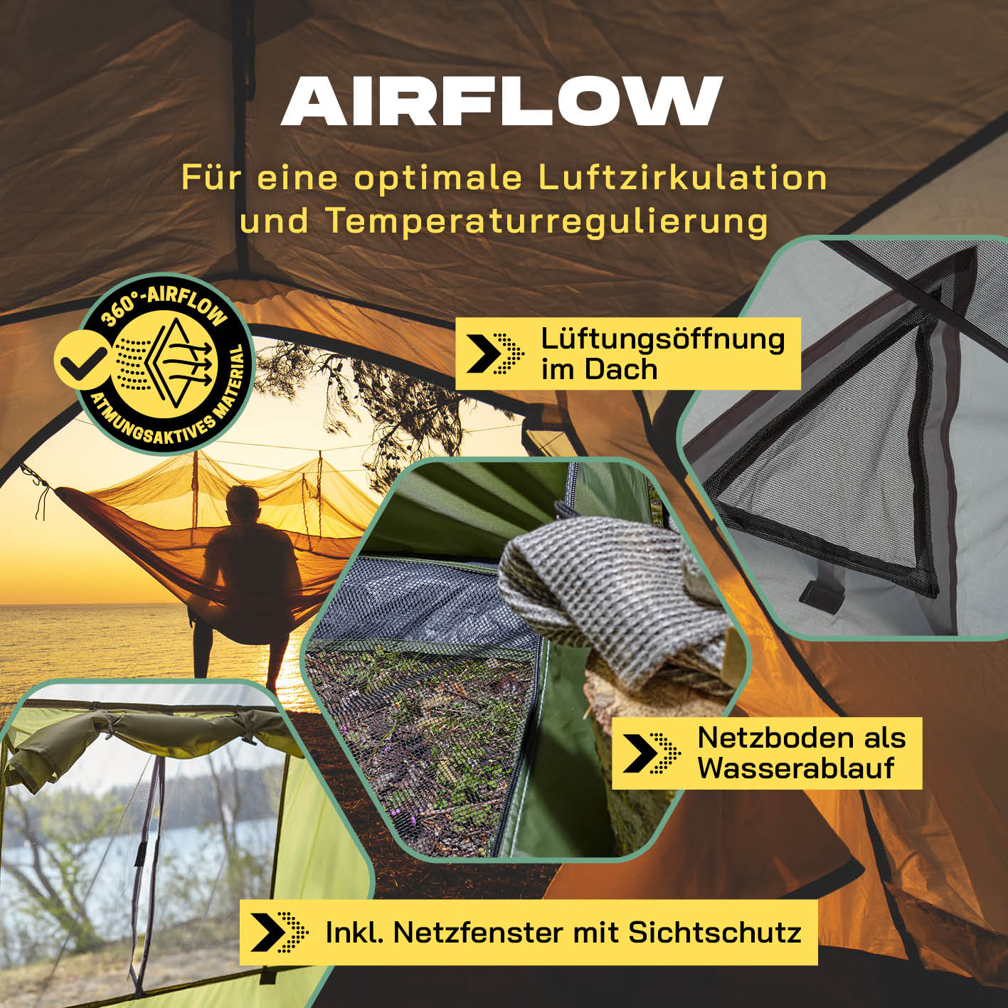 Pop up Duschzelt - 220 cm hoch - Grün mit Lüftungsöffnung, Netzboden als Wasserablauf und Sichtschutz für optimale Luftzirkulation.