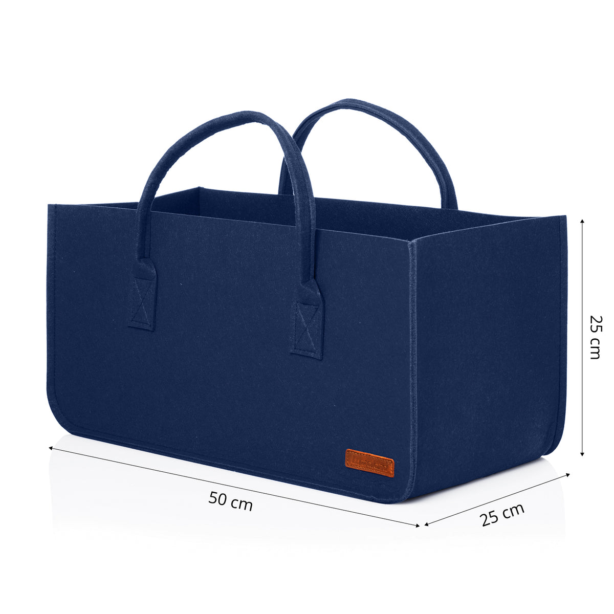 Kaminholztasche aus Filz mit Tragegriff - 50 x 25 x 25 cm - Mitternachtsblau mit Maßangaben