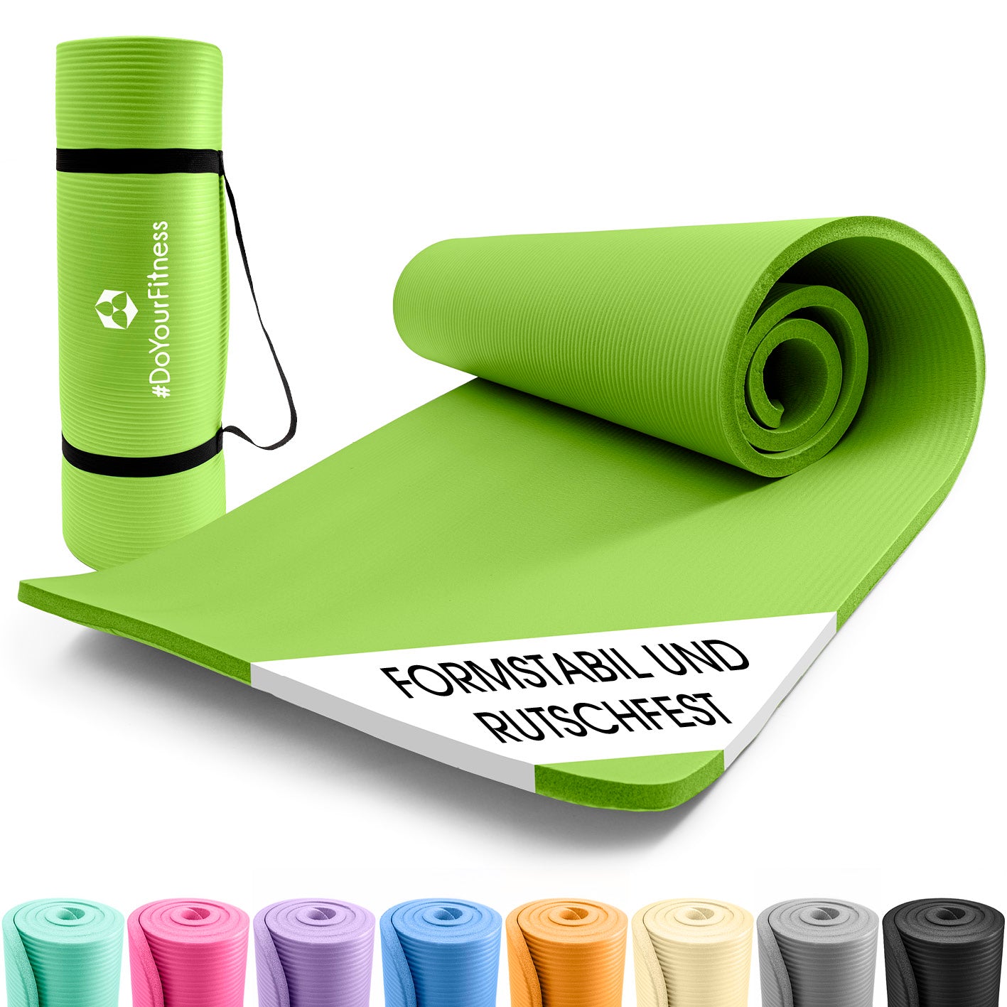Fitness- und Gymnastikmatte - 190 x 100 x 1 cm - Grün, rutschfest, robust, leicht mit Tragegurt, ideal für Yoga und Gymnastik.