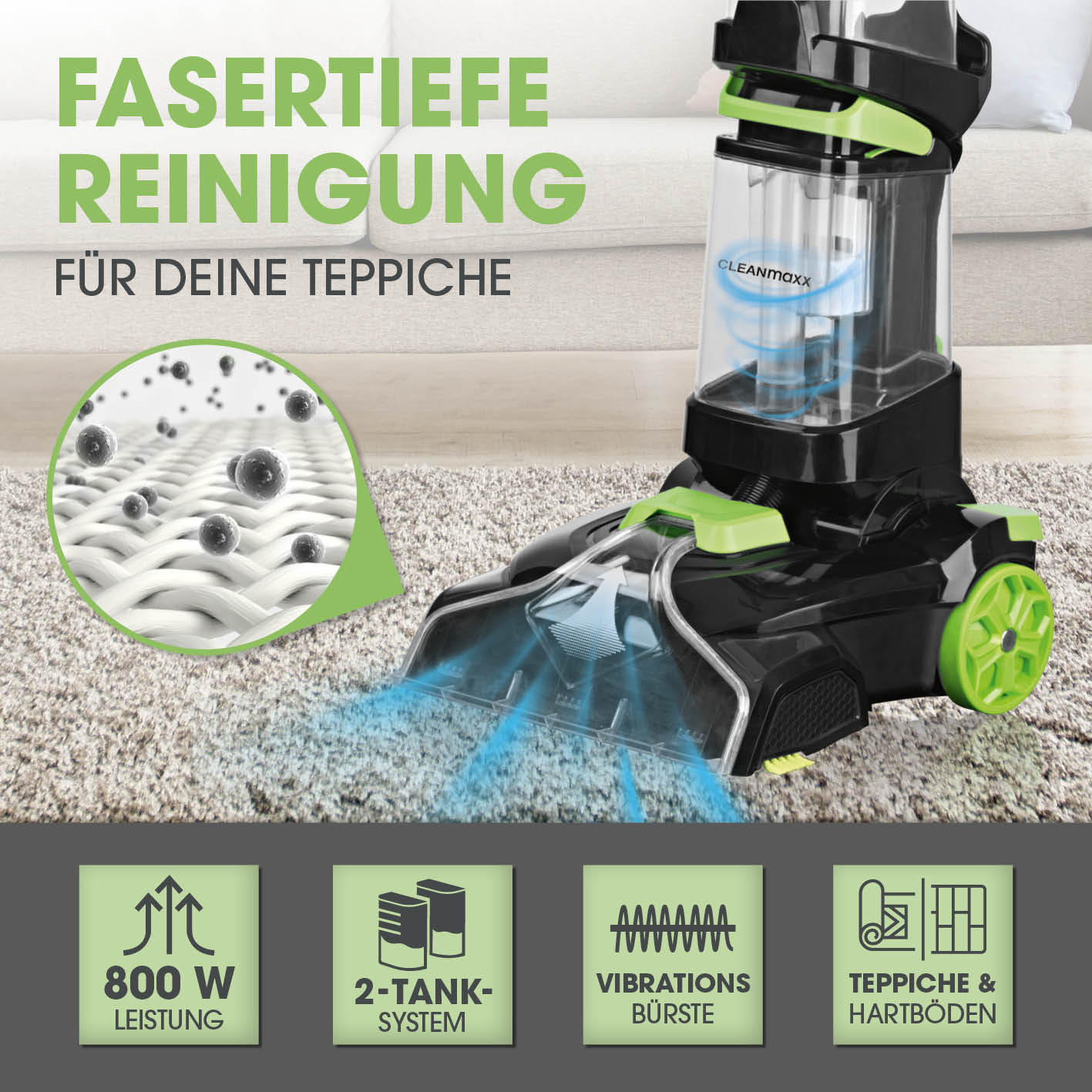 Teppichreiniger Pro mit 800 W, 2-Tank-System und Vibrationsbürste für fasertiefe Reinigung von Teppichen und Hartböden.