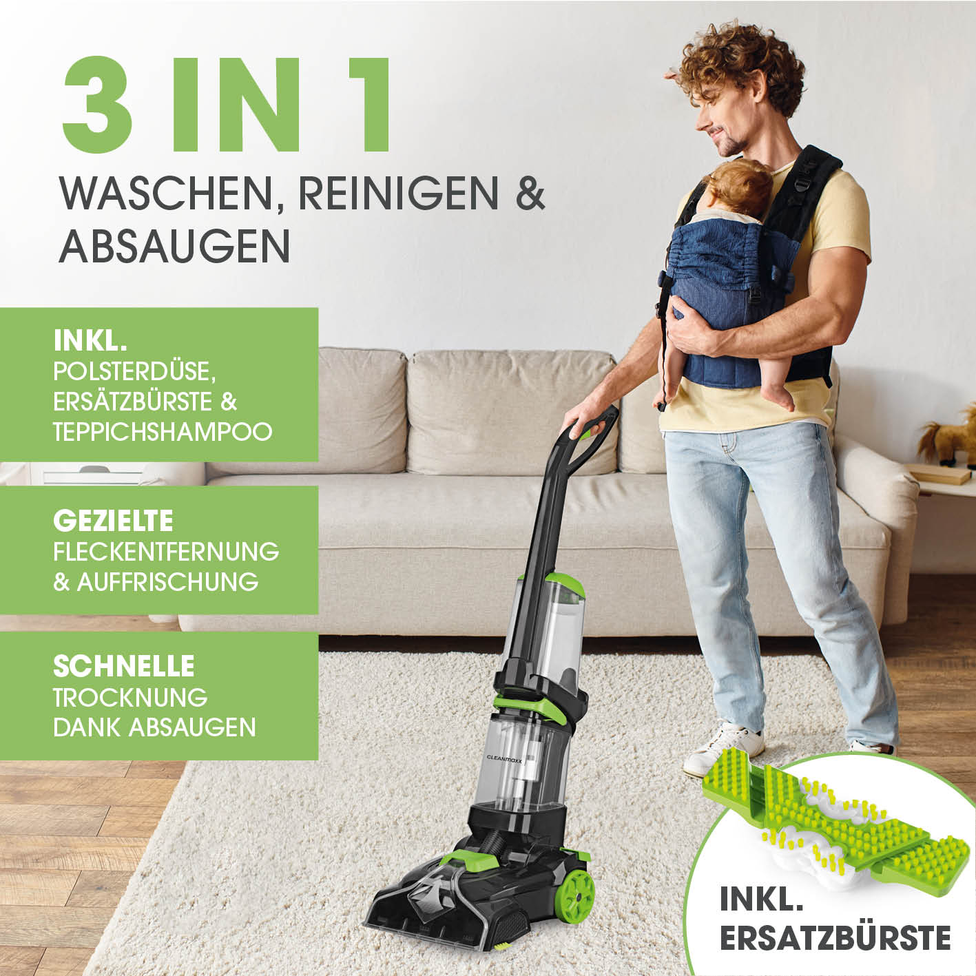 Teppichreiniger Pro mit 3-in-1 Funktion zum Waschen, Reinigen und Absaugen von Teppichen, inkl. Ersatzbürste für gründliche Fleckenentfernung.