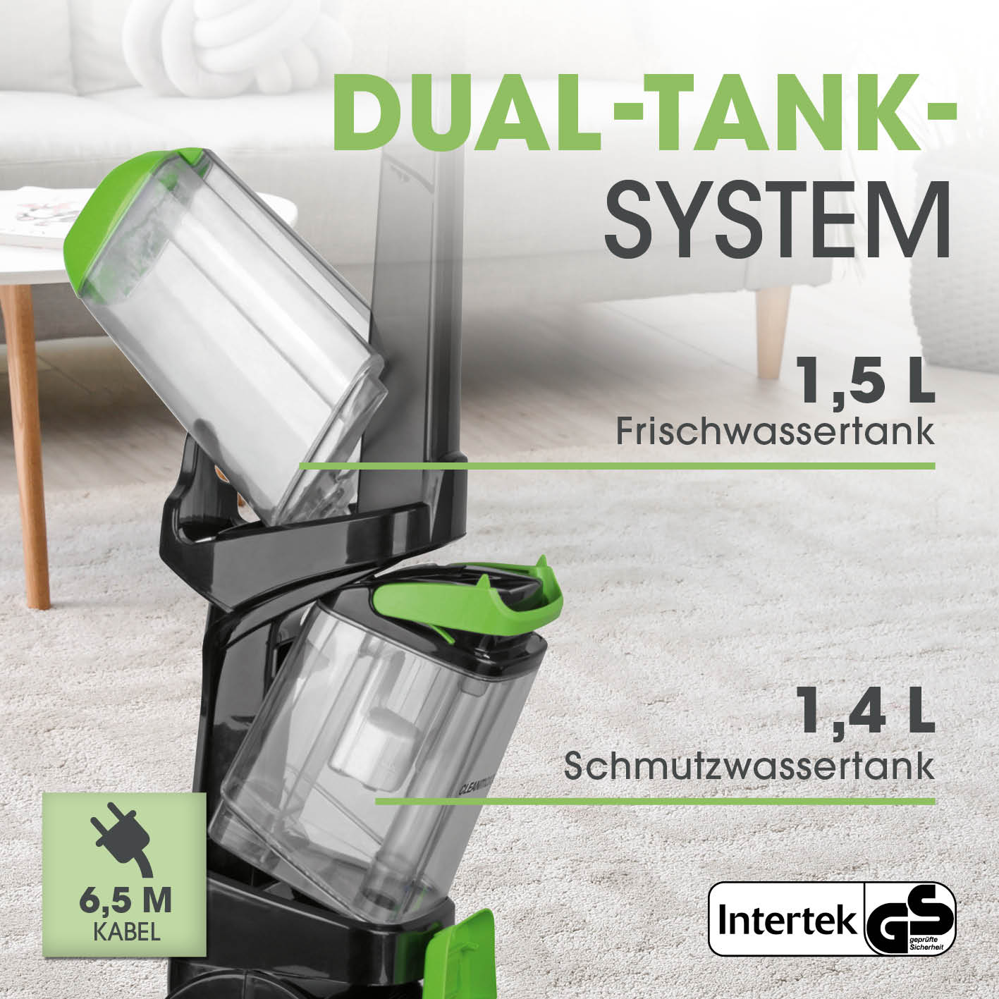 Teppichreiniger Pro mit Dual-Tank-System, 1,5 l Frischwassertank und 1,4 l Schmutzwassertank für effektive Teppichreinigung.