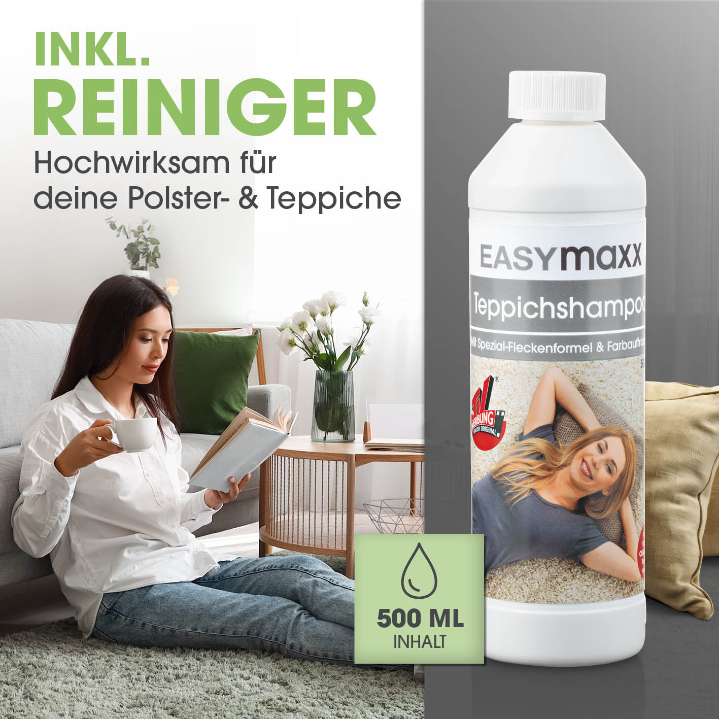 Teppichreiniger Pro mit 500 ml Hochwirksamem Reiniger für Polster und Teppiche, ideal gegen Flecken und Gerüche.