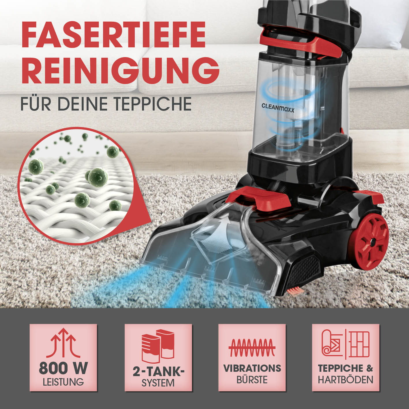 Teppichreiniger mit 800 W Leistung, 2-Tanksystem und Vibrationsbürste für fasertiefe Reinigung von Teppichen und Hartböden.