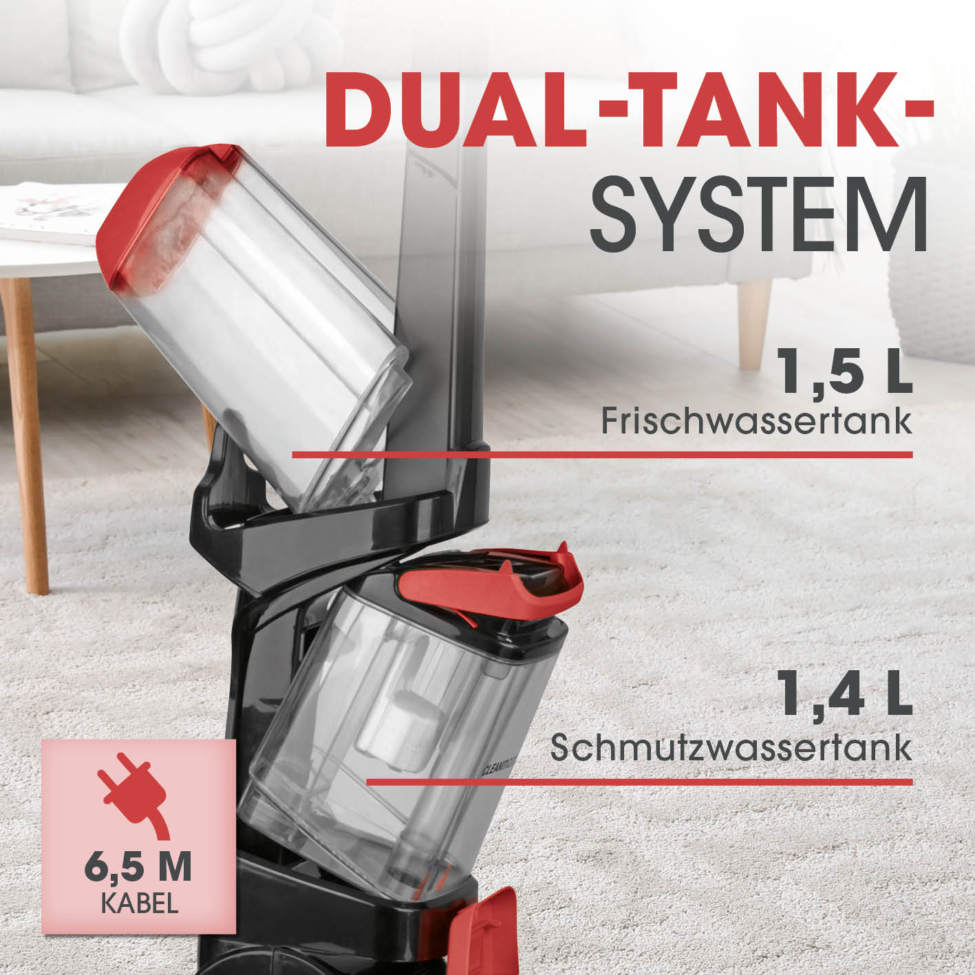 Teppichreiniger mit Dual-Tanksystem, 1,5 L Frischwassertank, 1,4 L Schmutzwassertank und 6,5 m Kabel für gründliche Reinigung.
