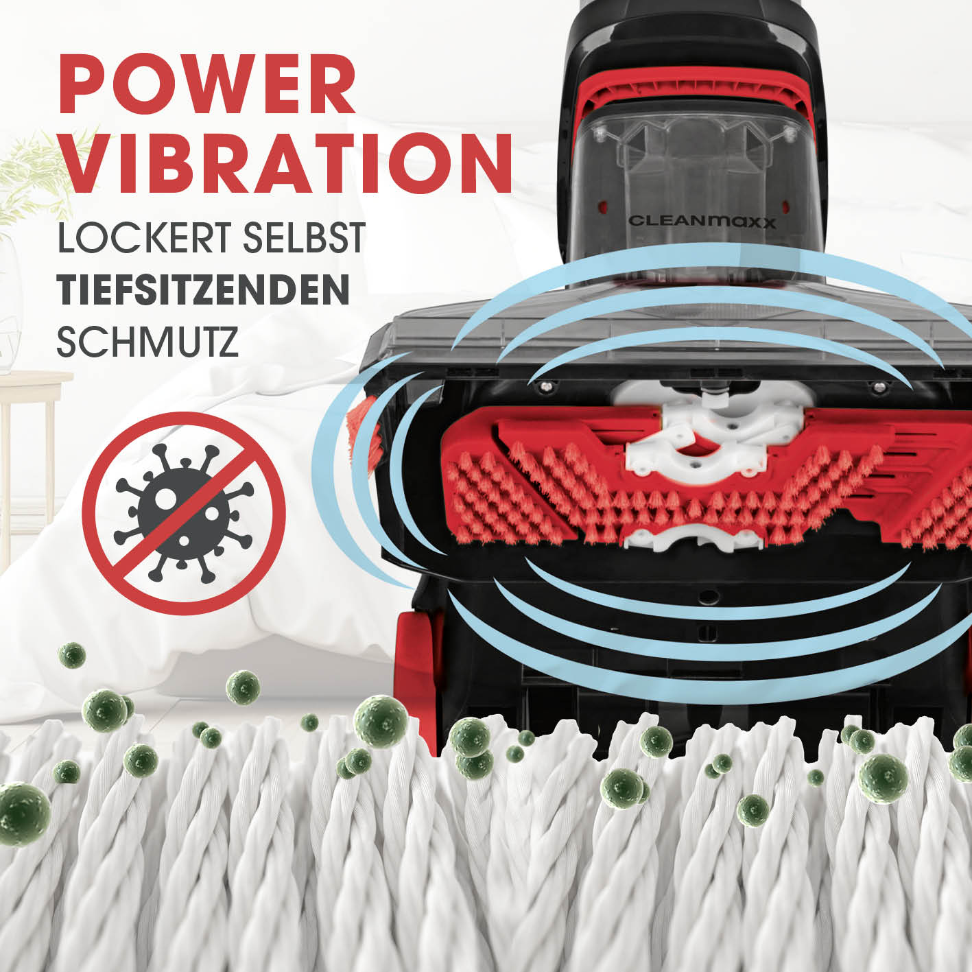 Teppichreiniger mit Power-Vibration beseitigt tiefsitzenden Schmutz und Flecken effektiv aus Teppichen und Läufern.