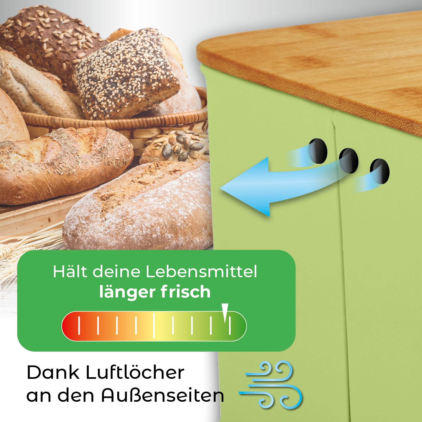 Cuisine Brotkasten aus Metall mit Bambus Deckel Mintgrün, rechteckig, mit Lüftungslöchern für optimale Frische und Luftzirkulation.