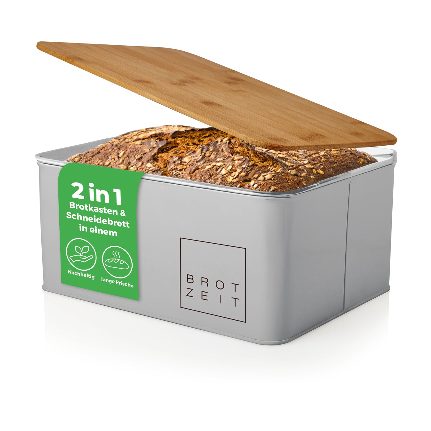 Cuisine Brotkasten aus Metall mit Bambus Deckel - Rechteckig 30,5 x 23,5 x 14 cm - Hellgrau, 2 in 1 Brotkasten und Schneidebrett.