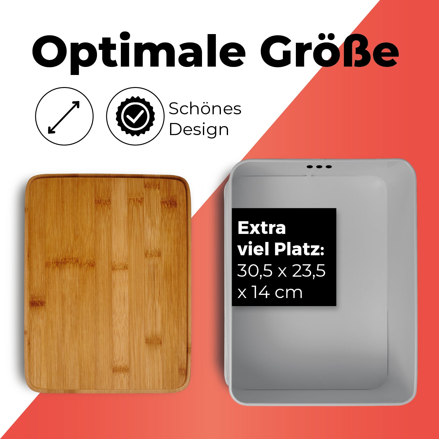Cuisine Brotkasten aus Metall mit Bambus Deckel, Maße 30,5 x 23,5 x 14 cm, hellgrau, mit praktischem Schneidebrett-Deckel.