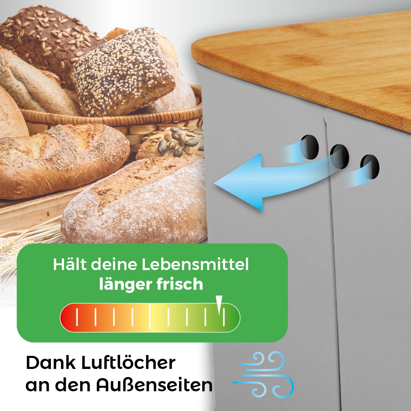 Cuisine Brotkasten aus Metall mit Bambus Deckel, hellgrau, mit Belüftungslöchern für längere Frische und multifunktionalem Schneidebrett-Deckel.