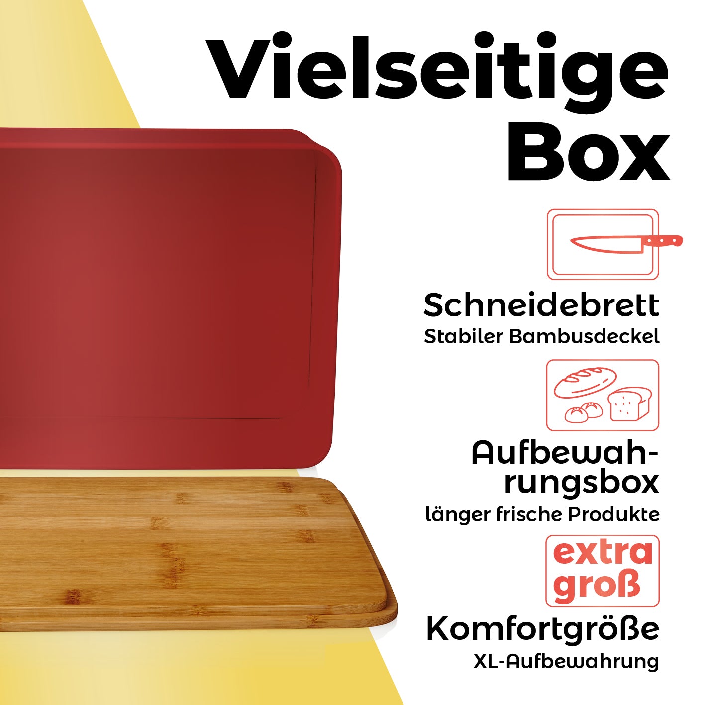 Cuisine Brotkasten aus Metall mit Bambus Deckel - rechteckig, rot, mit Schneidebrettfunktion und Luftzirkulation für frische Aufbewahrung.