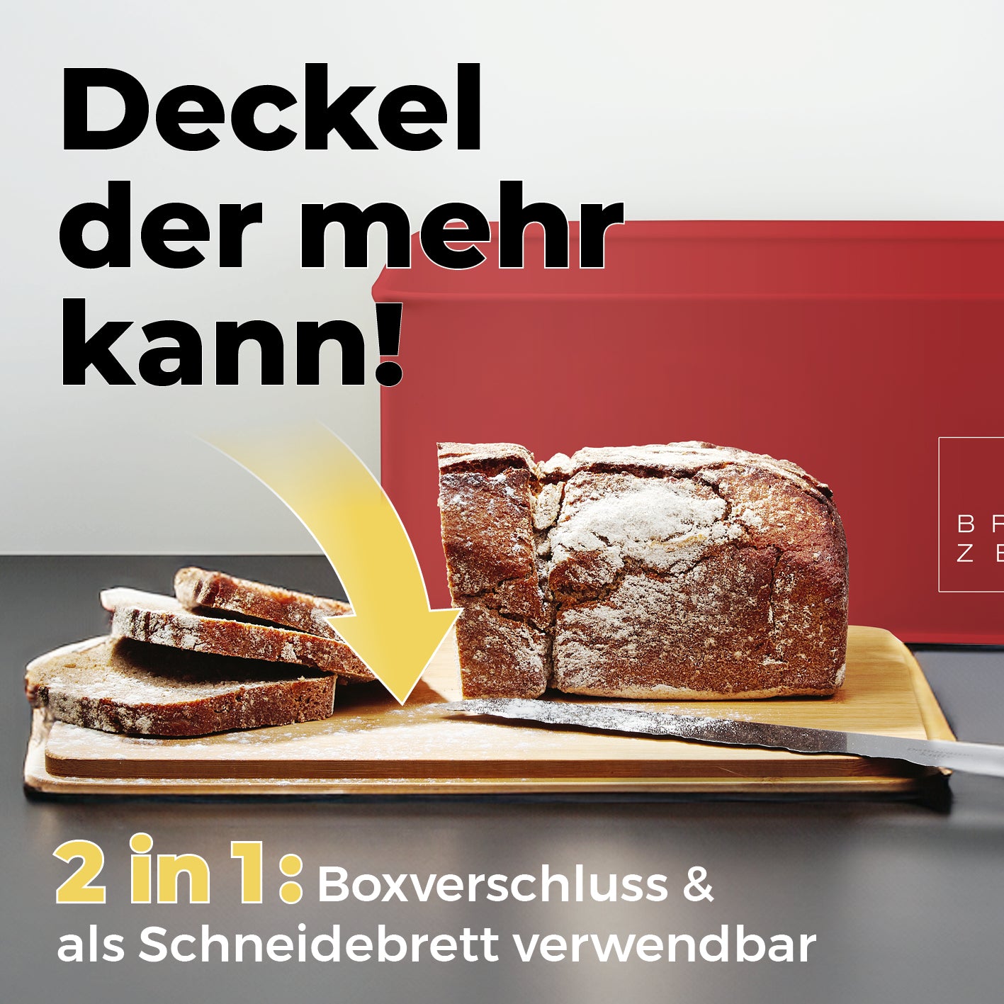 Cuisine Brotkasten aus Metall mit Bambus Deckel in Rot, rechteckig, 30,5x23,5x14 cm, Deckel als Schneidebrett nutzbar.