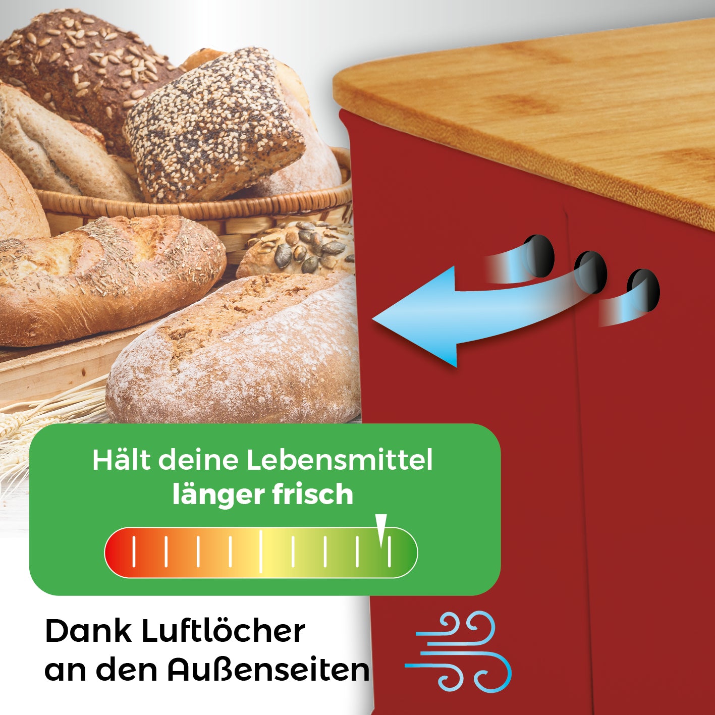 Cuisine Brotkasten aus Metall mit Bambus Deckel - rechteckig 30,5x23,5x14 cm, rot, mit Luftlöchern für längere Frische.