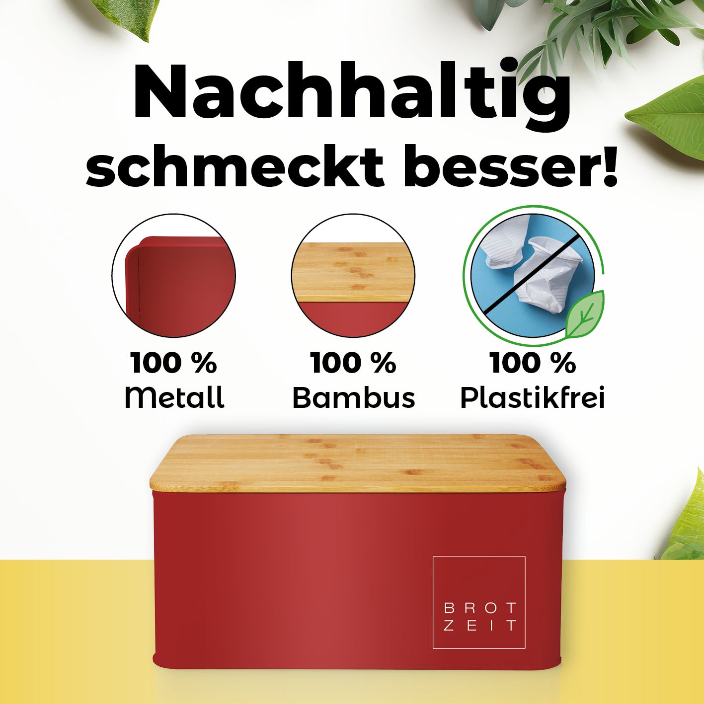 Cuisine Brotkasten aus Metall mit Bambus Deckel in Rot, rechteckig, 30,5 x 23,5 x 14 cm, plastikfrei und nachhaltig.