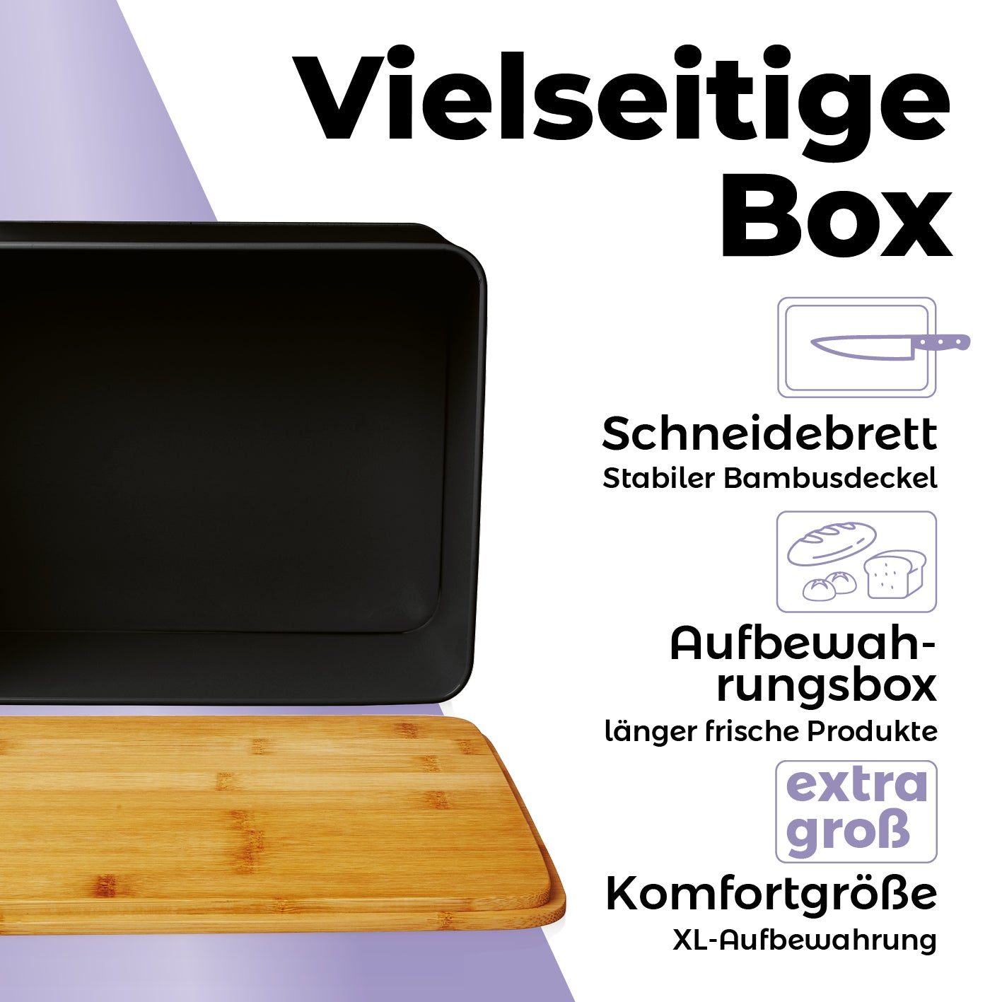 Cuisine Brotkasten aus Metall mit Bambus Deckel - rechteckig, multifunktional mit Schneidebrett, luftzirkulierend, platzsparend und stilvoll schwarz.