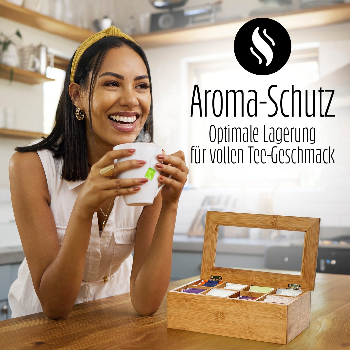 Cuisine Teebox - Mit aufklappbarem Deckel & Sichtfenster aus Bambusholz für aromageschützte Teeaufbewahrung mit 8 Fächern.