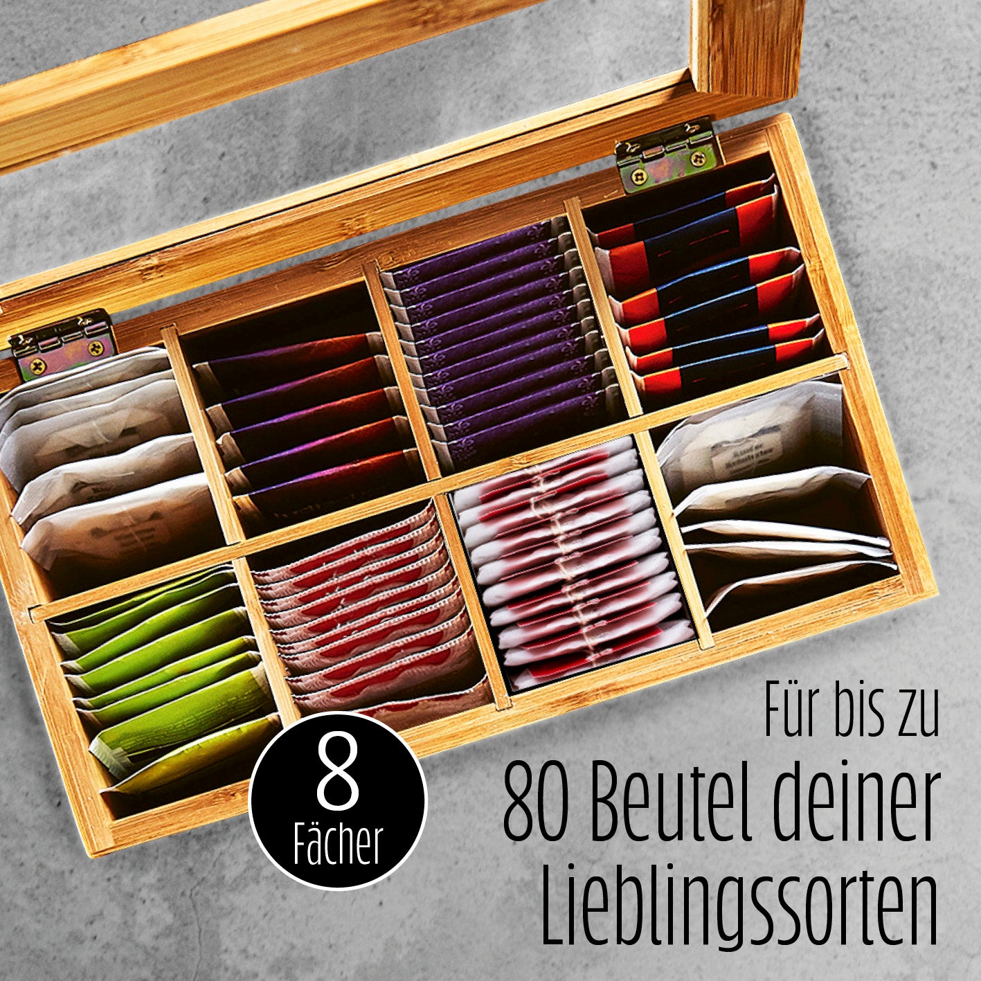 Cuisine Teebox - Mit aufklappbarem Deckel & Sichtfenster aus Bambusholz mit 8 Fächern für bis zu 80 Teebeutel.
