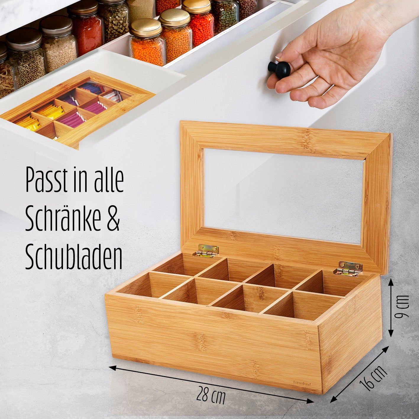 Cuisine Teebox - Mit aufklappbarem Deckel & Sichtfenster aus Bambusholz mit 8 Fächern, ideal für bis zu 120 Teebeutel, platzsparend und nachhaltig.