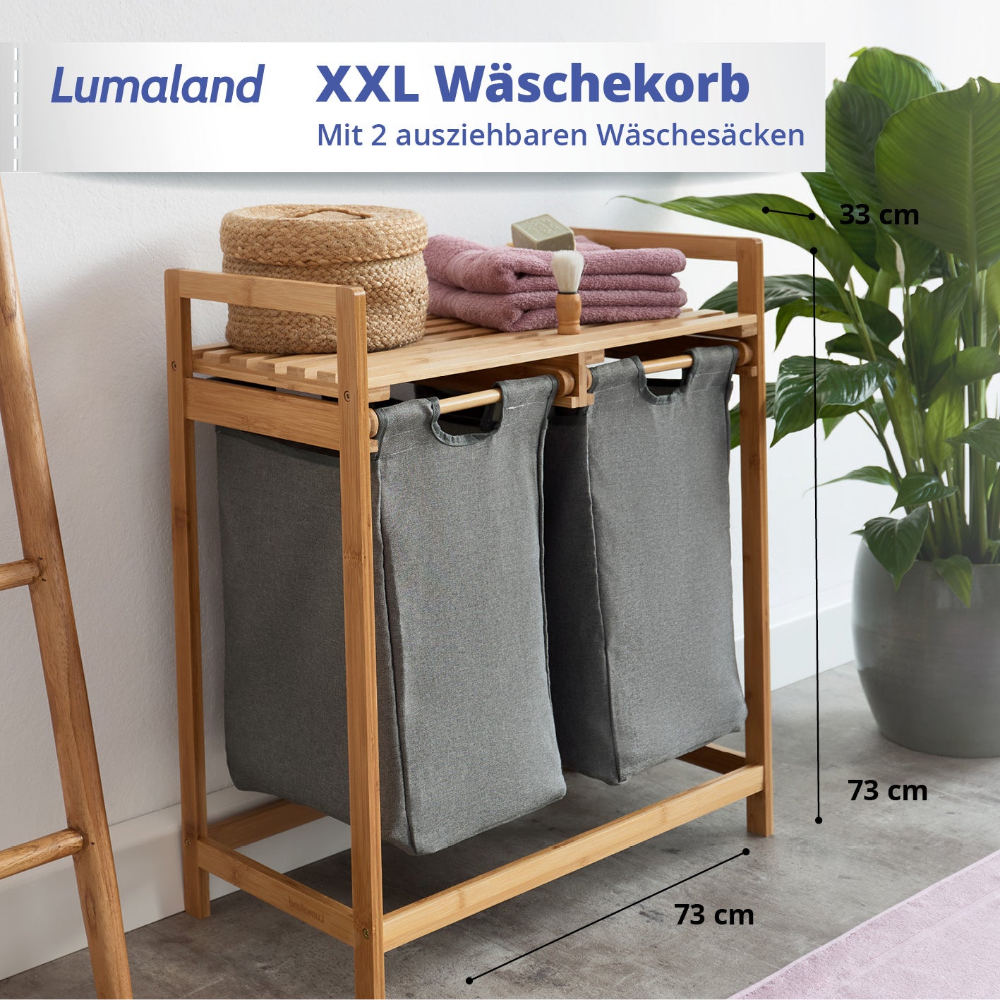 Bambus Wäschekorb mit 2 ausziehbaren Wäschesacken - 73 x 64 x 33 cm - Dunkelgrau