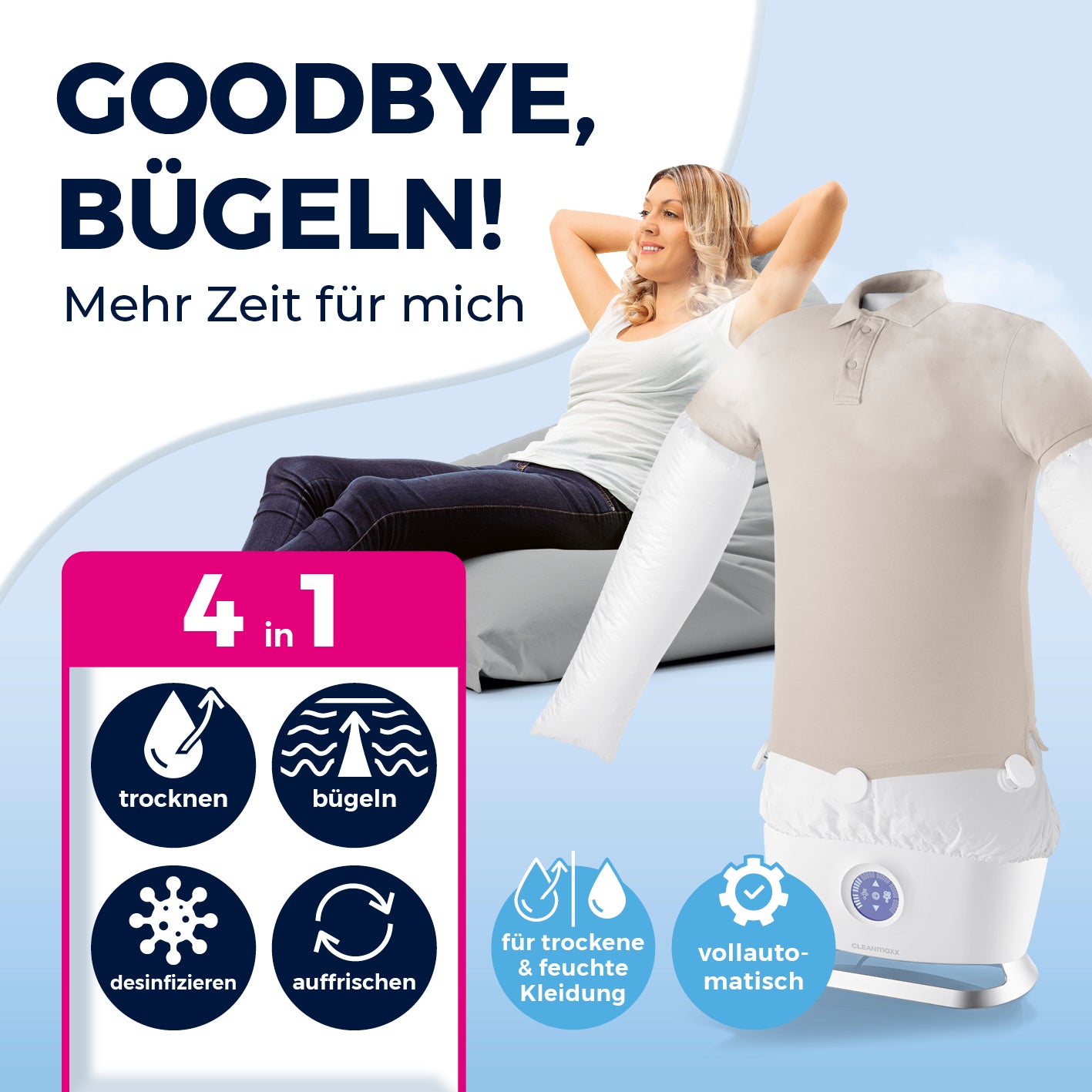 Hemdenbügler PRO STEAM mit Hosenaufsatz – vollautomatisches Trocknen, Bügeln, Desinfizieren und Auffrischen in einem Gerät.