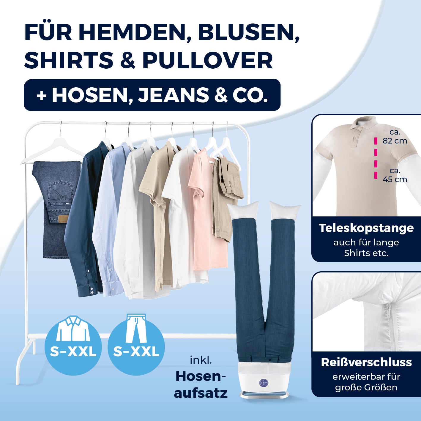 Hemdenbügler PRO STEAM mit Hosenaufsatz in Weiß für Hemden, Hosen, Jeans mit Teleskopstange und Reißverschluss.