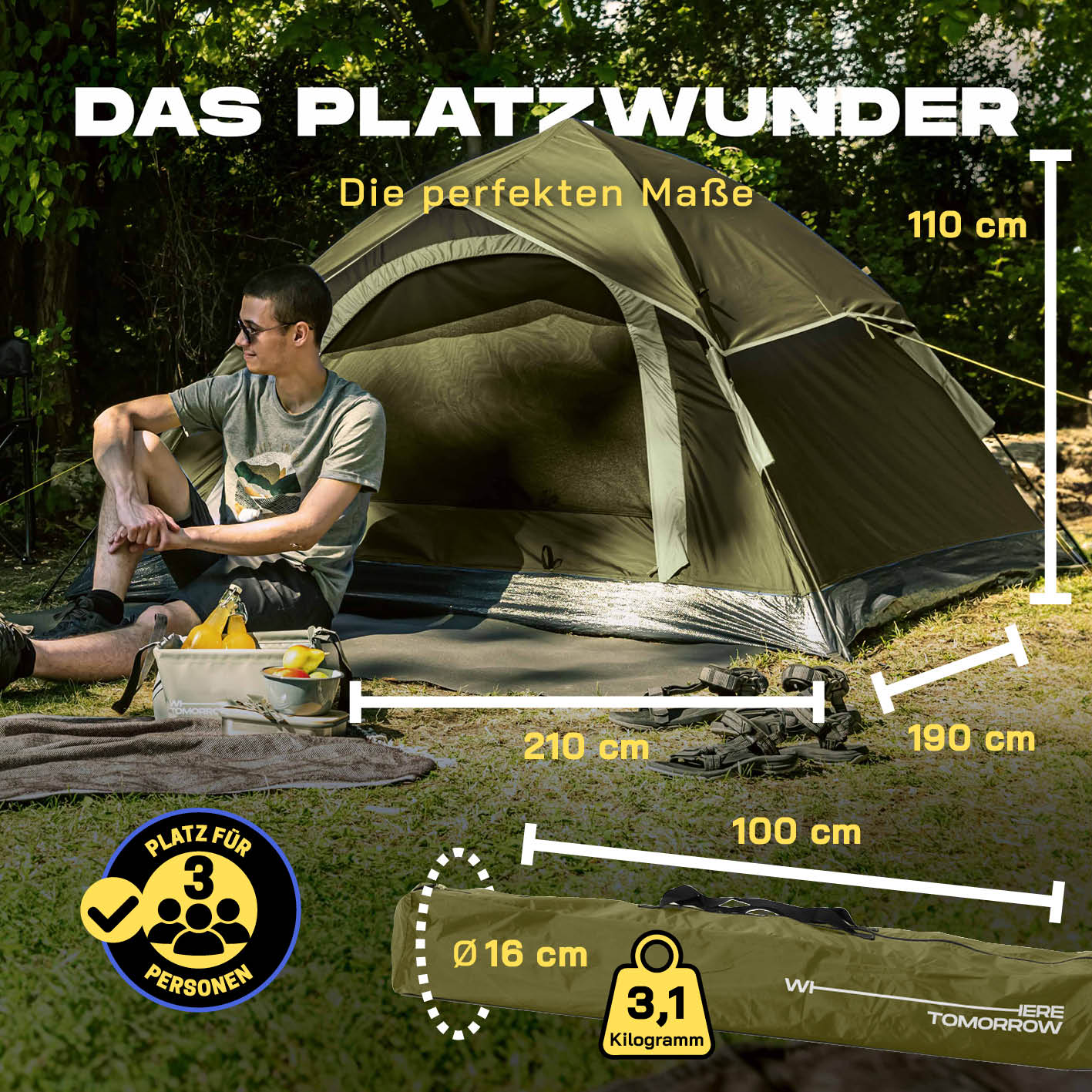 Pop up Wurfzelt für 3 Personen - Grün, leichtes, wasserfestes Zelt mit schnellen Aufbau, ideal für Outdoor und Reisen.